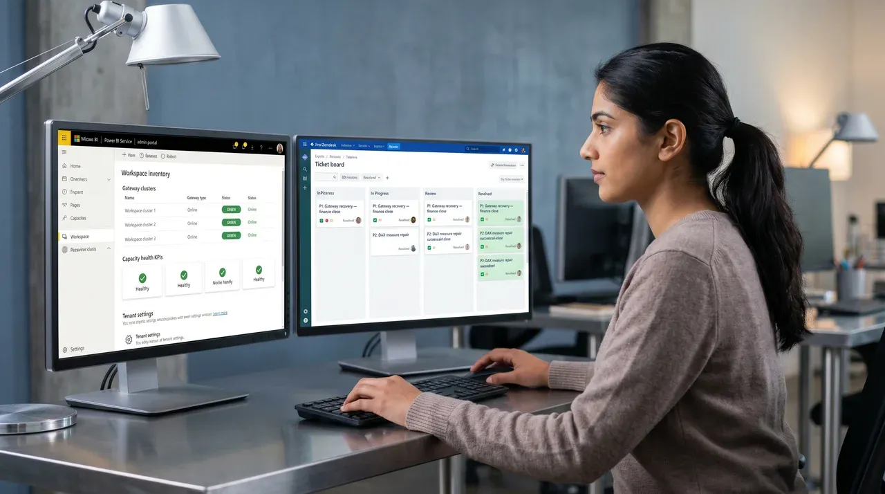 Redefine support engineer at desk with two monitors showing Power BI admin portal