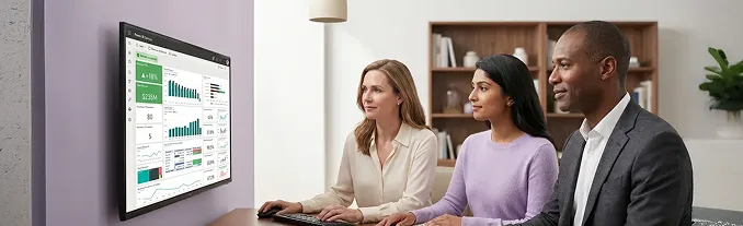 Calm restored finance team reviewing stabilized Power BI dashboard at month-end close Calm restored finance team reviewing stabilized Power BI dashboard at month-end close