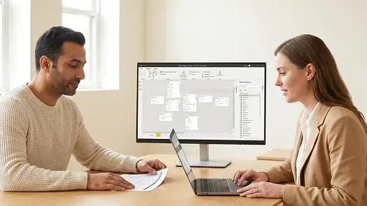 Two Power BI analysts at training session reviewing star schema data model on a second monitor Two Power BI analysts at training session reviewing star schema data model on a second monitor