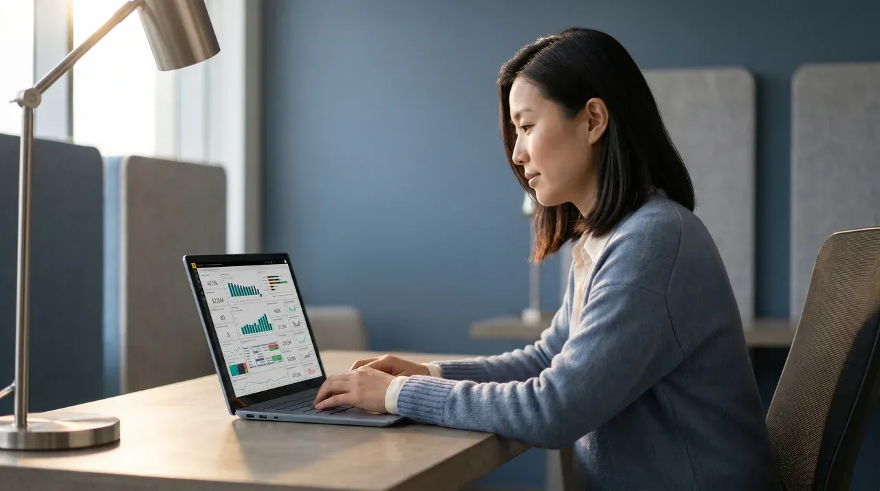 Redefine rescue engineer reviewing the rescued Power BI workspace on her laptop, calm side profile Redefine rescue engineer reviewing the rescued Power BI workspace on her laptop, calm side profile