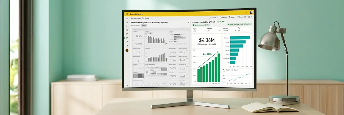 Power BI report repair console showing broken revenue visuals on the left and repaired working report on the right with green live badges Power BI report repair console showing broken revenue visuals on the left and repaired working report on the right with green live badges