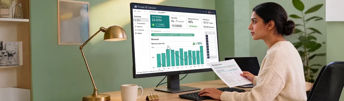 Finance analyst reconciling broken Power BI dashboard with red error badges on screen Finance analyst reconciling broken Power BI dashboard with red error badges on screen