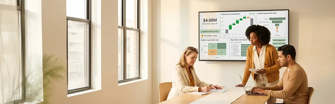 Apparel retail finance team reviewing repaired Power BI revenue recovery dashboard Apparel retail finance team reviewing repaired Power BI revenue recovery dashboard