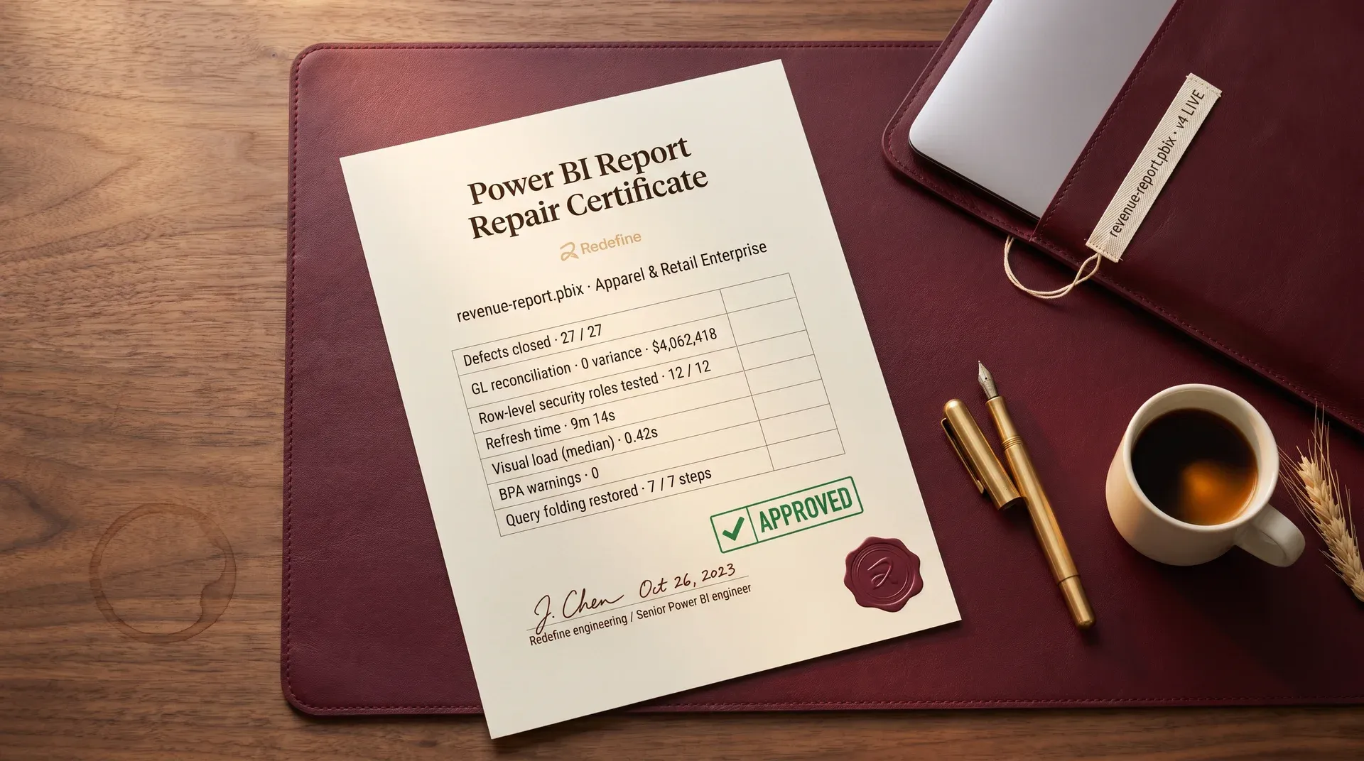 Signed Power BI repair certificate on desk next to a laptop Signed Power BI repair certificate on desk next to a laptop