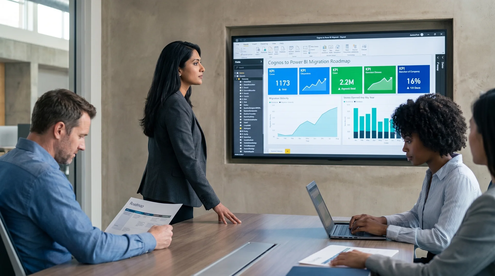 BI transformation lead presenting a Cognos to Power BI migration roadmap at a conference table BI transformation lead presenting a Cognos to Power BI migration roadmap at a conference table