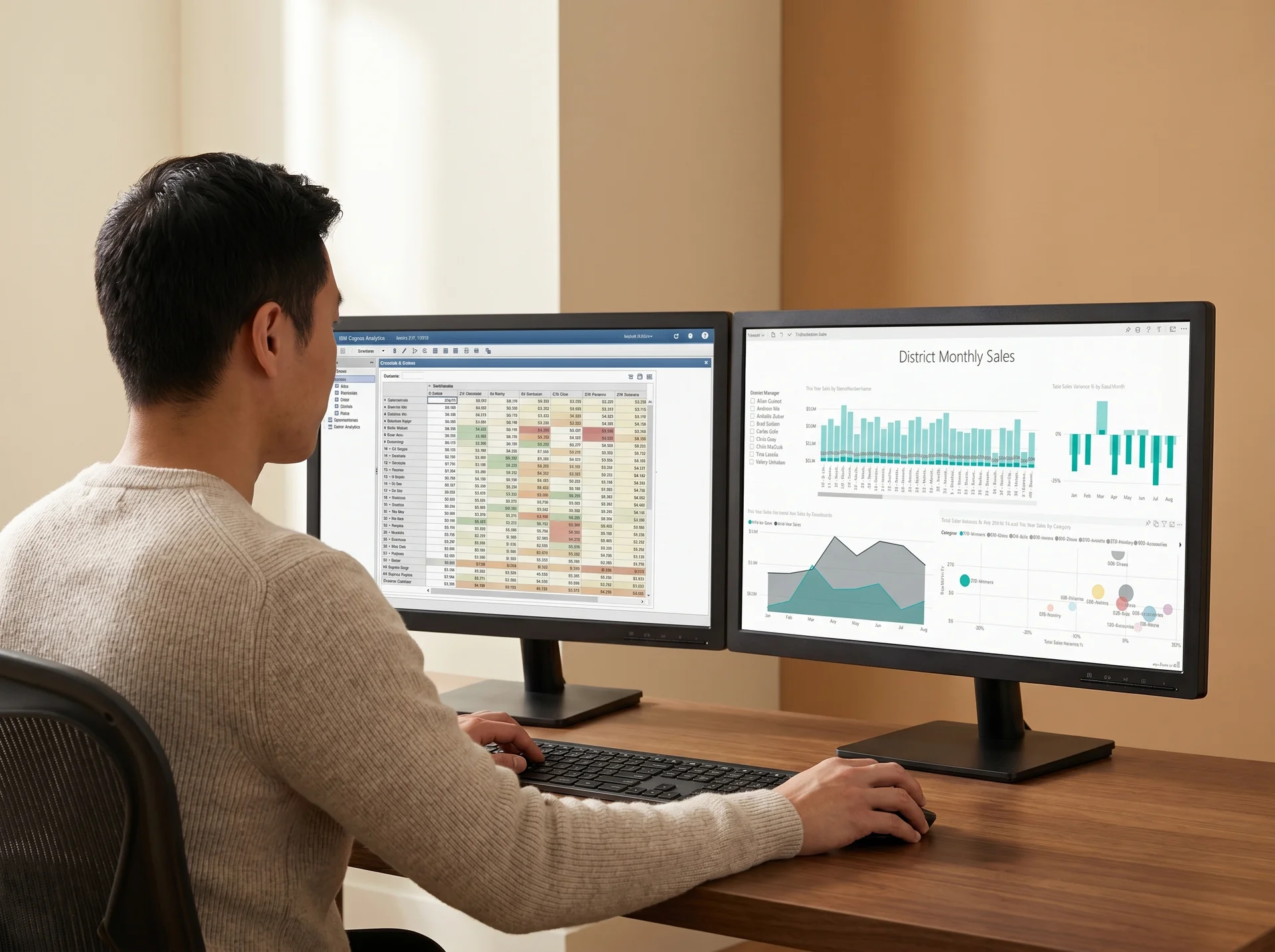 Analyst comparing a legacy Cognos report side-by-side with its Power BI equivalent on dual monitors Analyst comparing a legacy Cognos report side-by-side with its Power BI equivalent on dual monitors