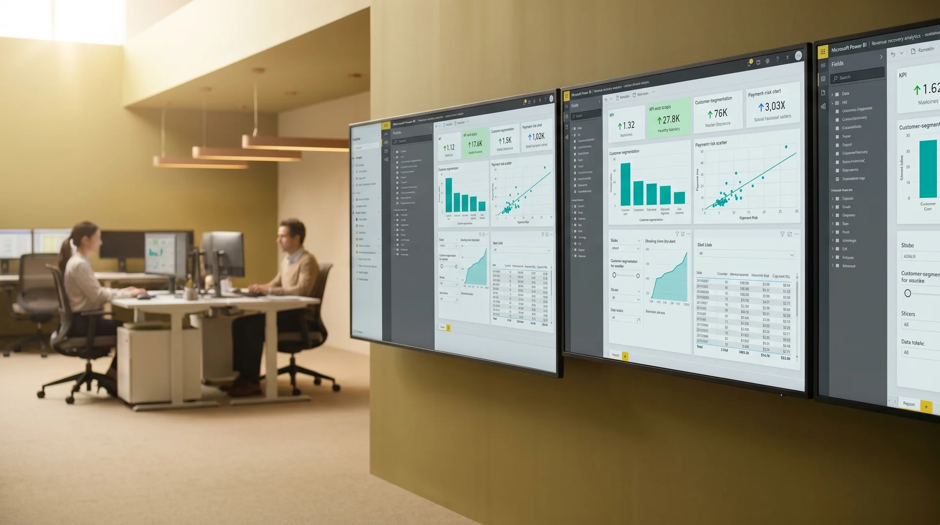 Power BI revenue recovery analytics dashboard showing customer segmentation and payment risk scores Power BI revenue recovery analytics dashboard showing customer segmentation and payment risk scores