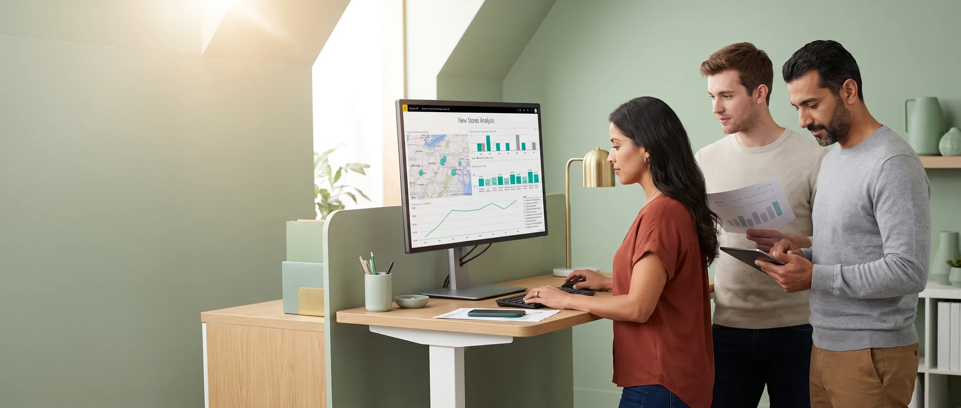 Small team reviewing migrated Power BI reports at a standing desk in a modern office, natural light Small team reviewing migrated Power BI reports at a standing desk in a modern office, natural light