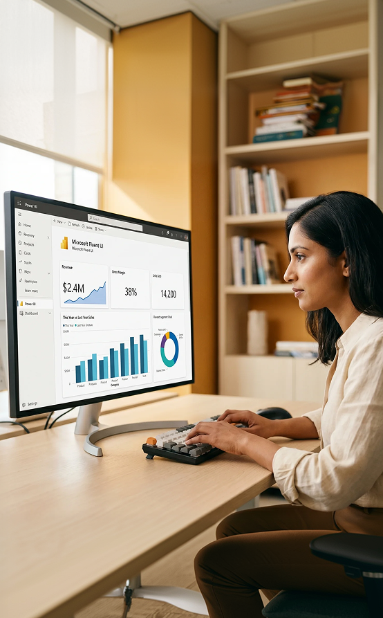South Asian data analyst reviewing a Power BI dashboard with multiple monitors showing KPI charts South Asian data analyst reviewing a Power BI dashboard with multiple monitors showing KPI charts