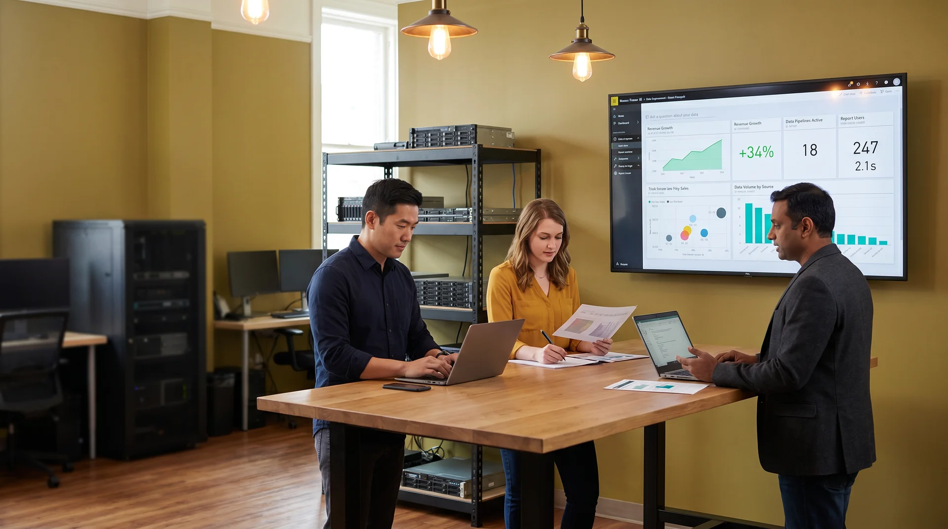 Mixed-ethnicity data engineering team building an analytics pipeline in a modern office with Power BI screens Mixed-ethnicity data engineering team building an analytics pipeline in a modern office with Power BI screens