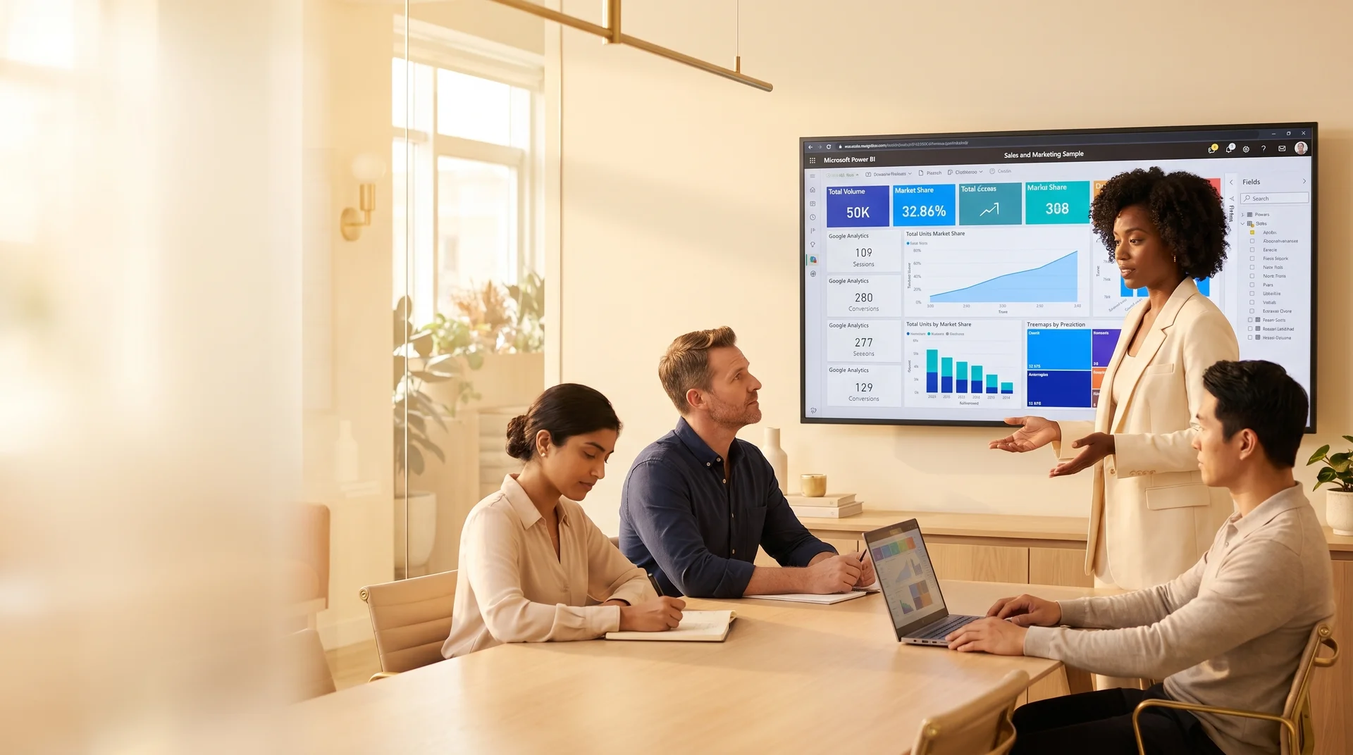 Marketing analyst presenting a Power BI Google Analytics integration dashboard to a team on a large wall screen