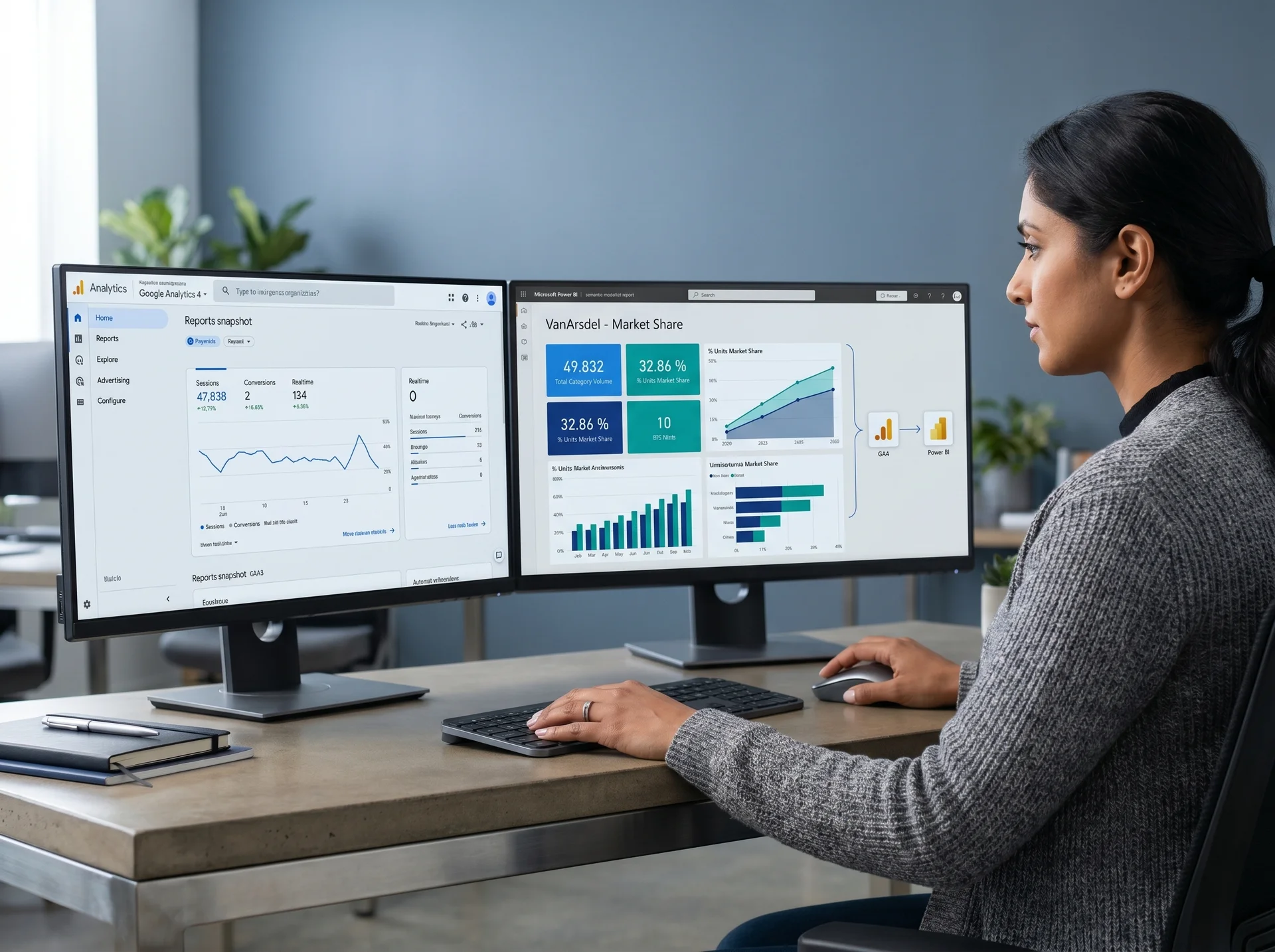 Analyst configuring a Google Analytics to Power BI data pipeline on two monitors, over-the-shoulder shot