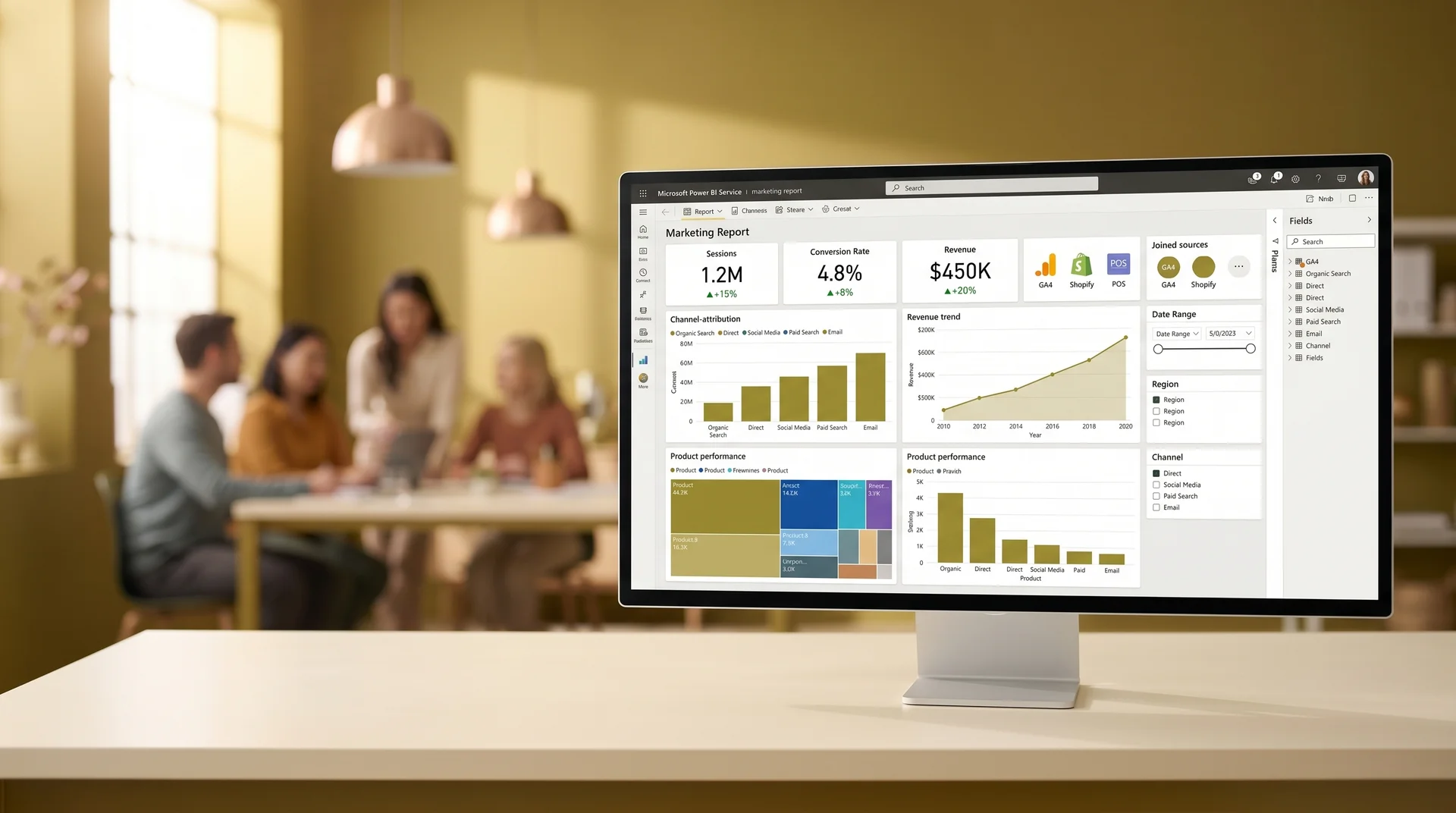 Power BI multi-source analytics dashboard showing Google Analytics, Shopify, and POS data joined in one marketing performance report