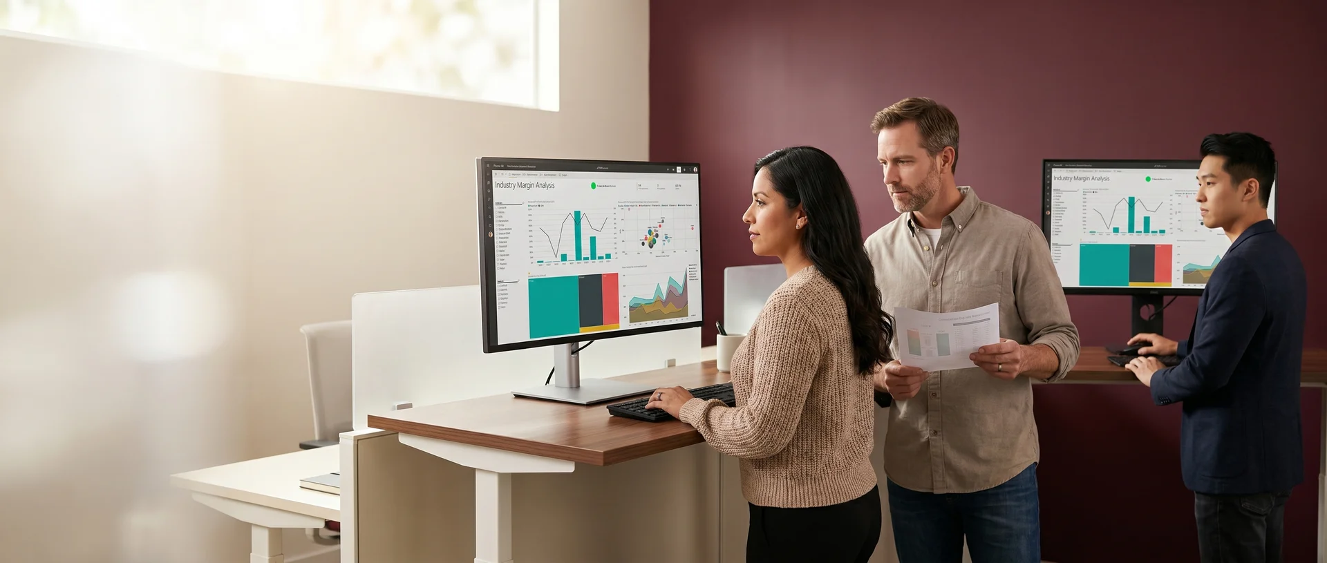 Team at standing desks reviewing combined Google Analytics and revenue Power BI reports, natural office light