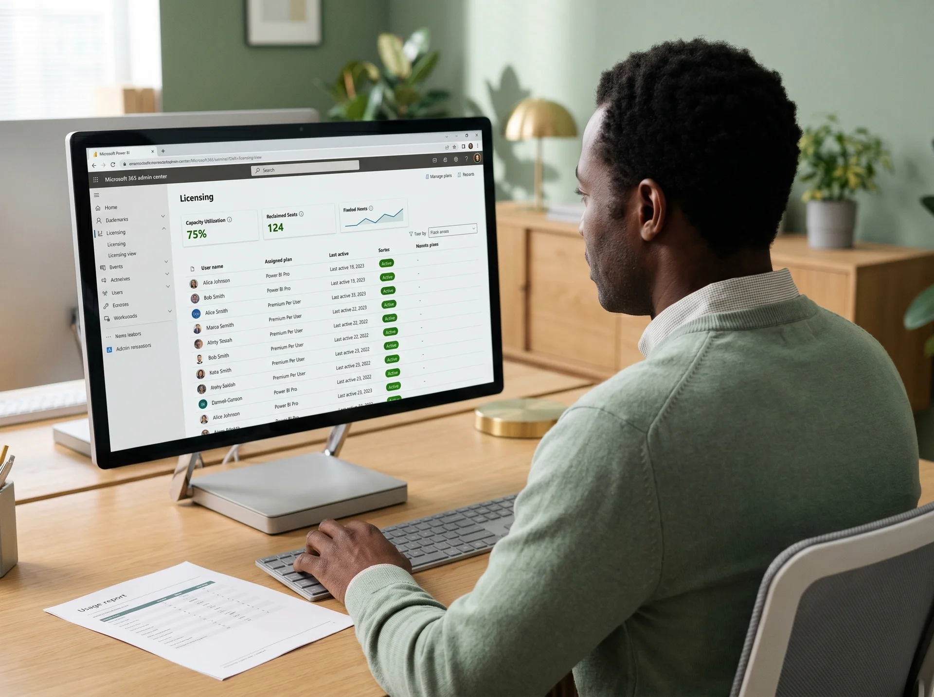 Power BI admin reviewing tenant users and assigned licenses during a licensing assessment Power BI admin reviewing tenant users and assigned licenses during a licensing assessment
