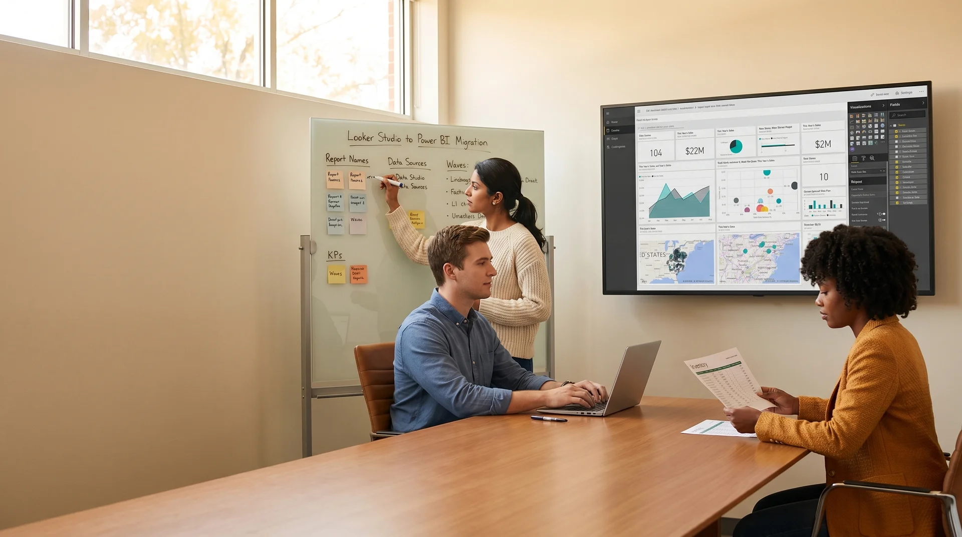 Analytics team reviewing a Looker Studio to Power BI migration scope on a whiteboard Analytics team reviewing a Looker Studio to Power BI migration scope on a whiteboard