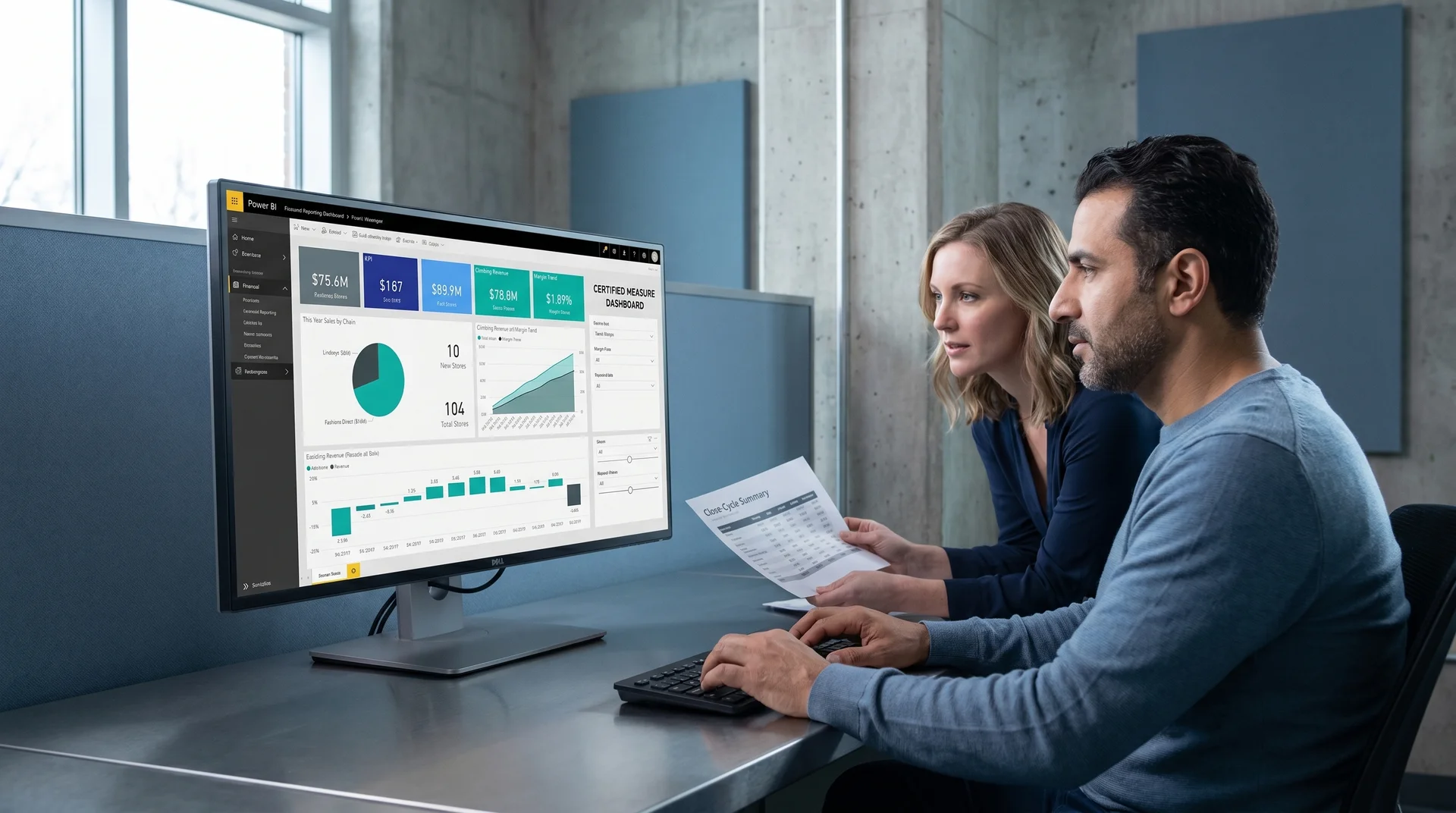 Operations team reviewing a Power BI financial reporting dashboard after completing the migration from manual Excel workflows Operations team reviewing a Power BI financial reporting dashboard after completing the migration from manual Excel workflows