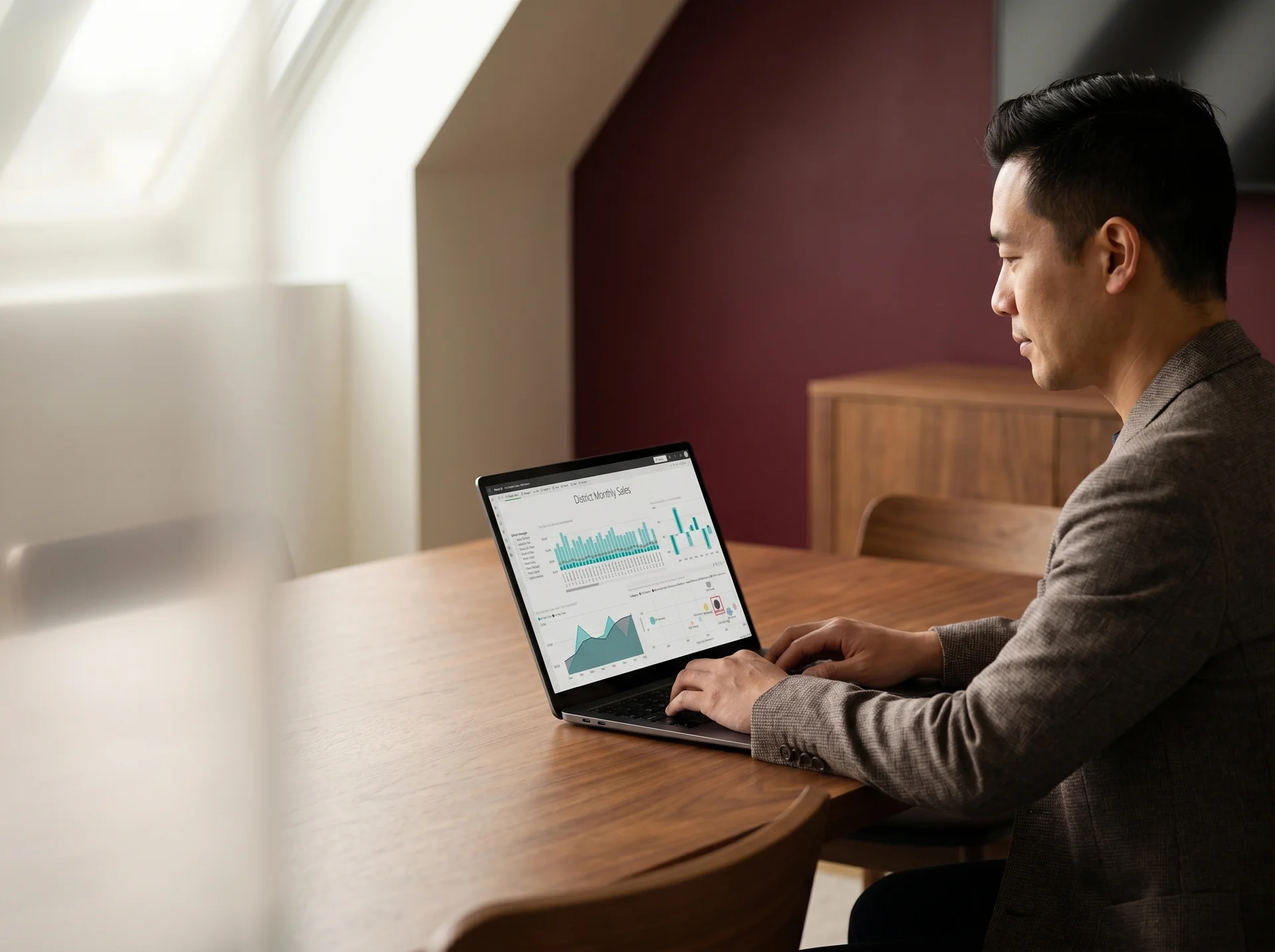 Analytics lead reviewing Power BI workspace at a laptop after completing a Looker Studio to Power BI migration handover Analytics lead reviewing Power BI workspace at a laptop after completing a Looker Studio to Power BI migration handover