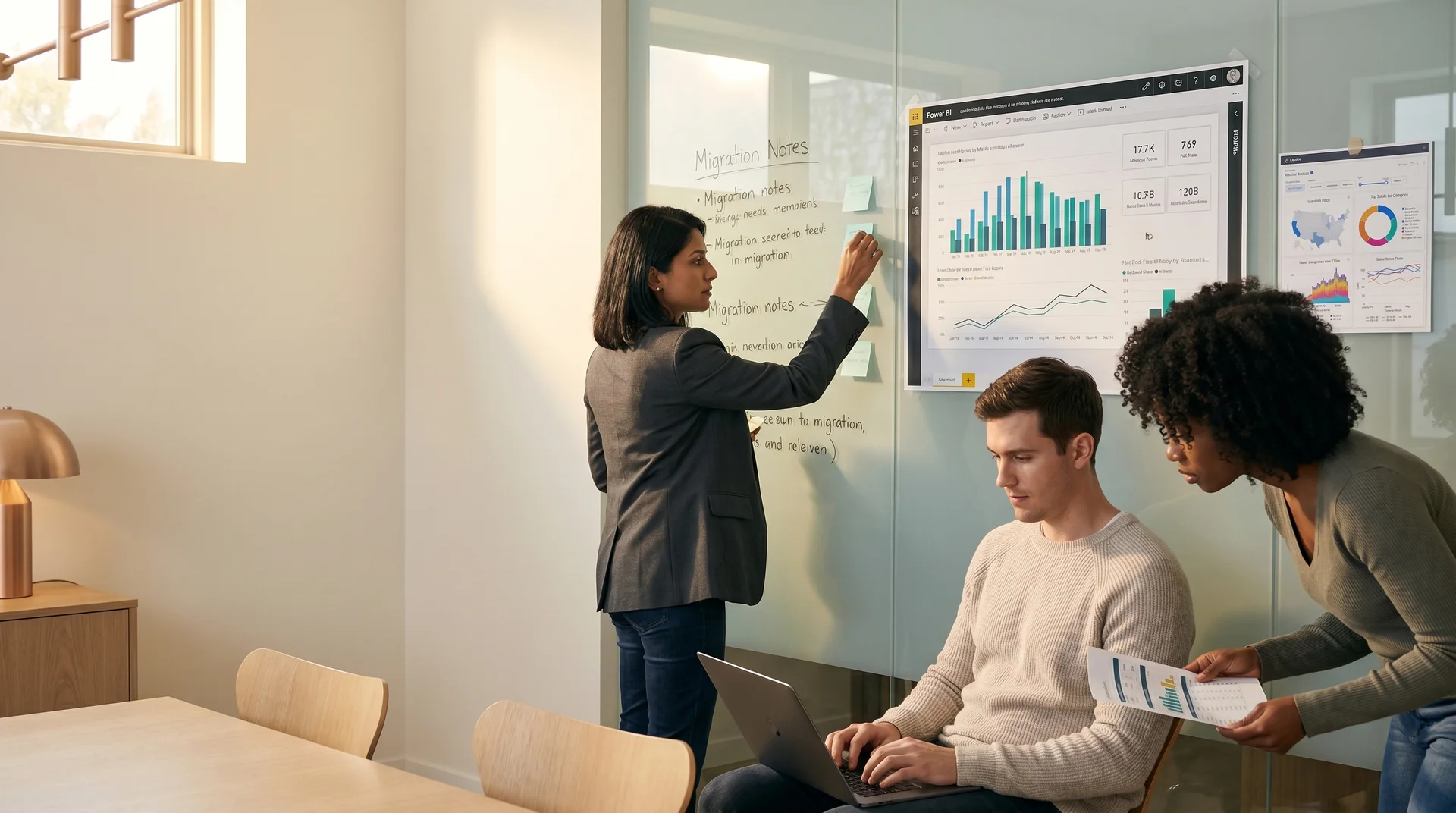 Analytics team planning a Looker to Power BI migration at a whiteboard covered in dashboard inventory notes Analytics team planning a Looker to Power BI migration at a whiteboard covered in dashboard inventory notes