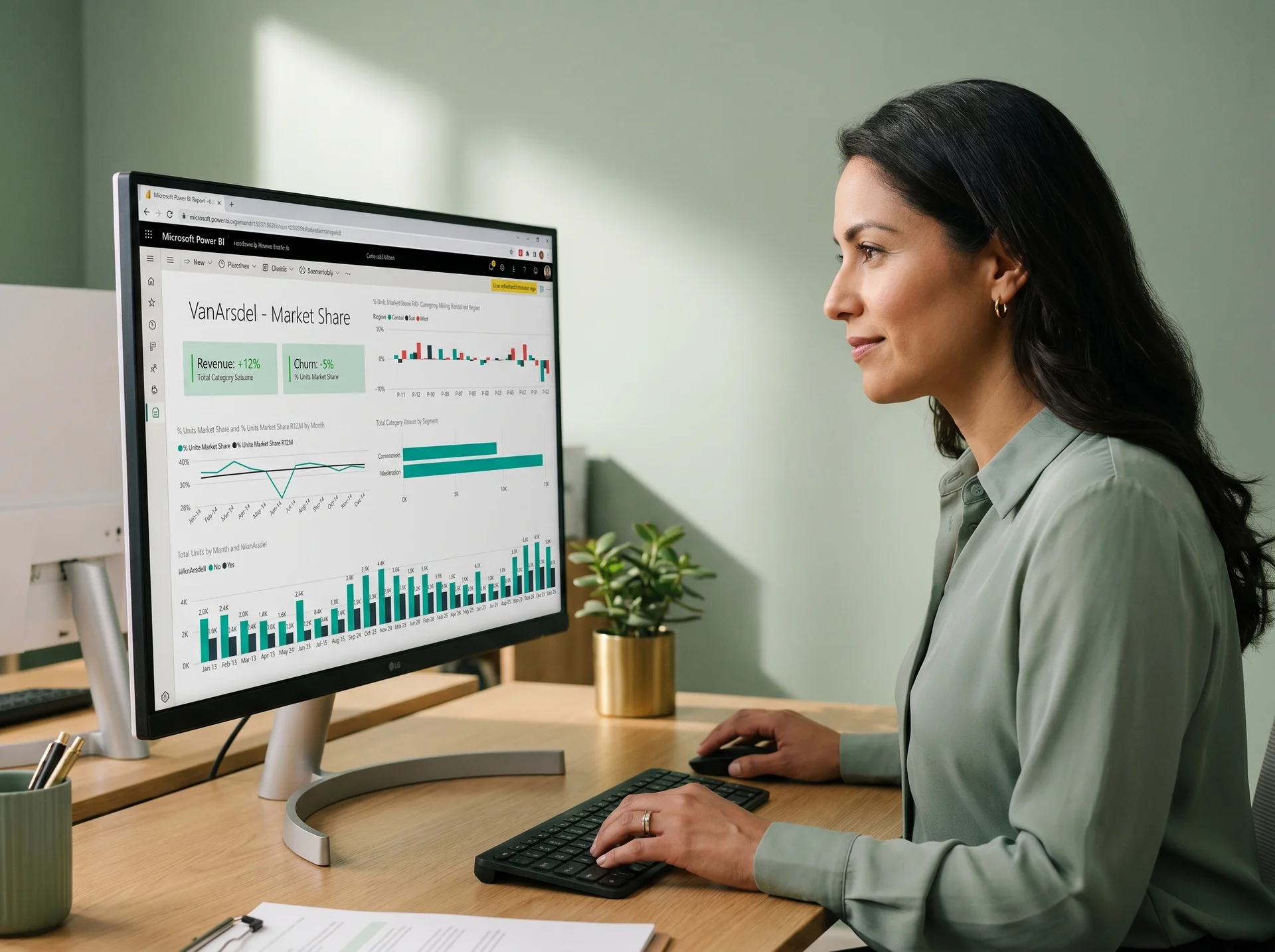 Data analyst confidently building a new report against the governed Power BI semantic model with healthy upward-trending metrics, after the Looker to Power BI migration Data analyst confidently building a new report against the governed Power BI semantic model with healthy upward-trending metrics, after the Looker to Power BI migration