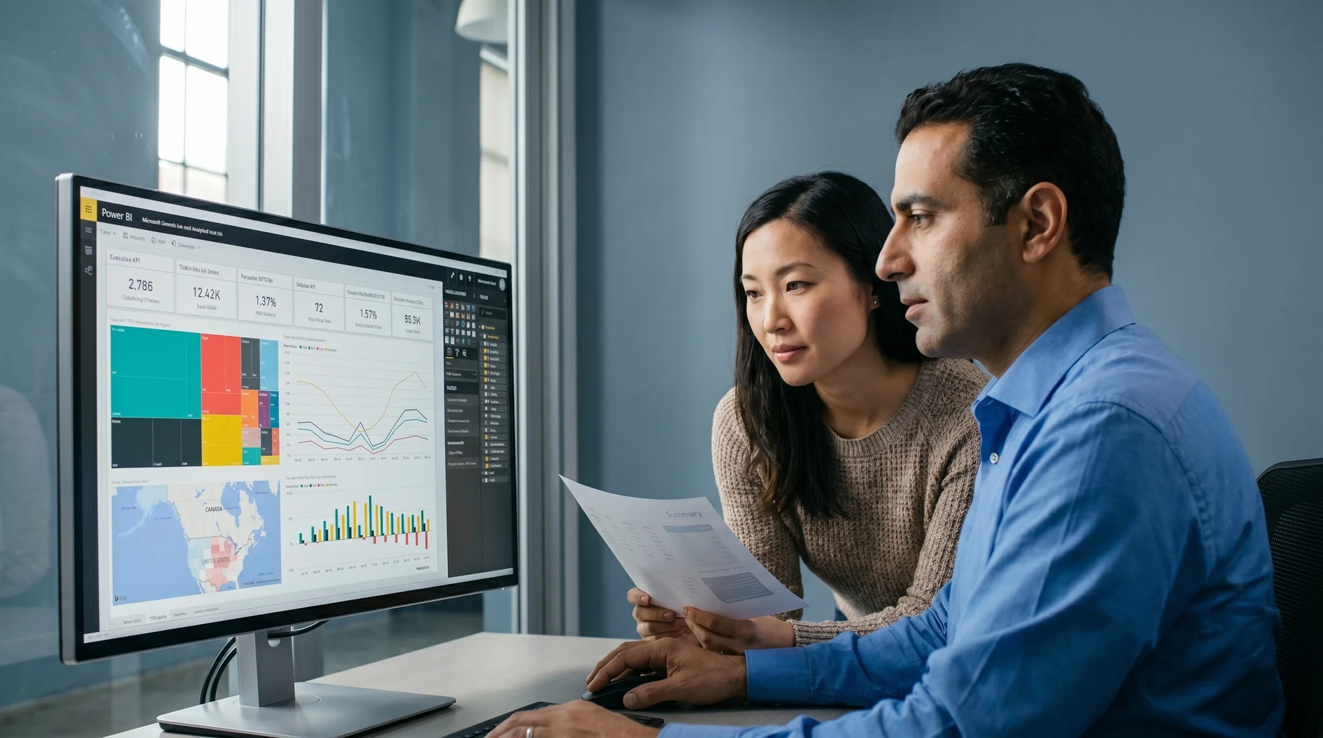 SaaS analytics team reviewing a new Power BI executive dashboard after completing the migration from fragmented reporting tools SaaS analytics team reviewing a new Power BI executive dashboard after completing the migration from fragmented reporting tools