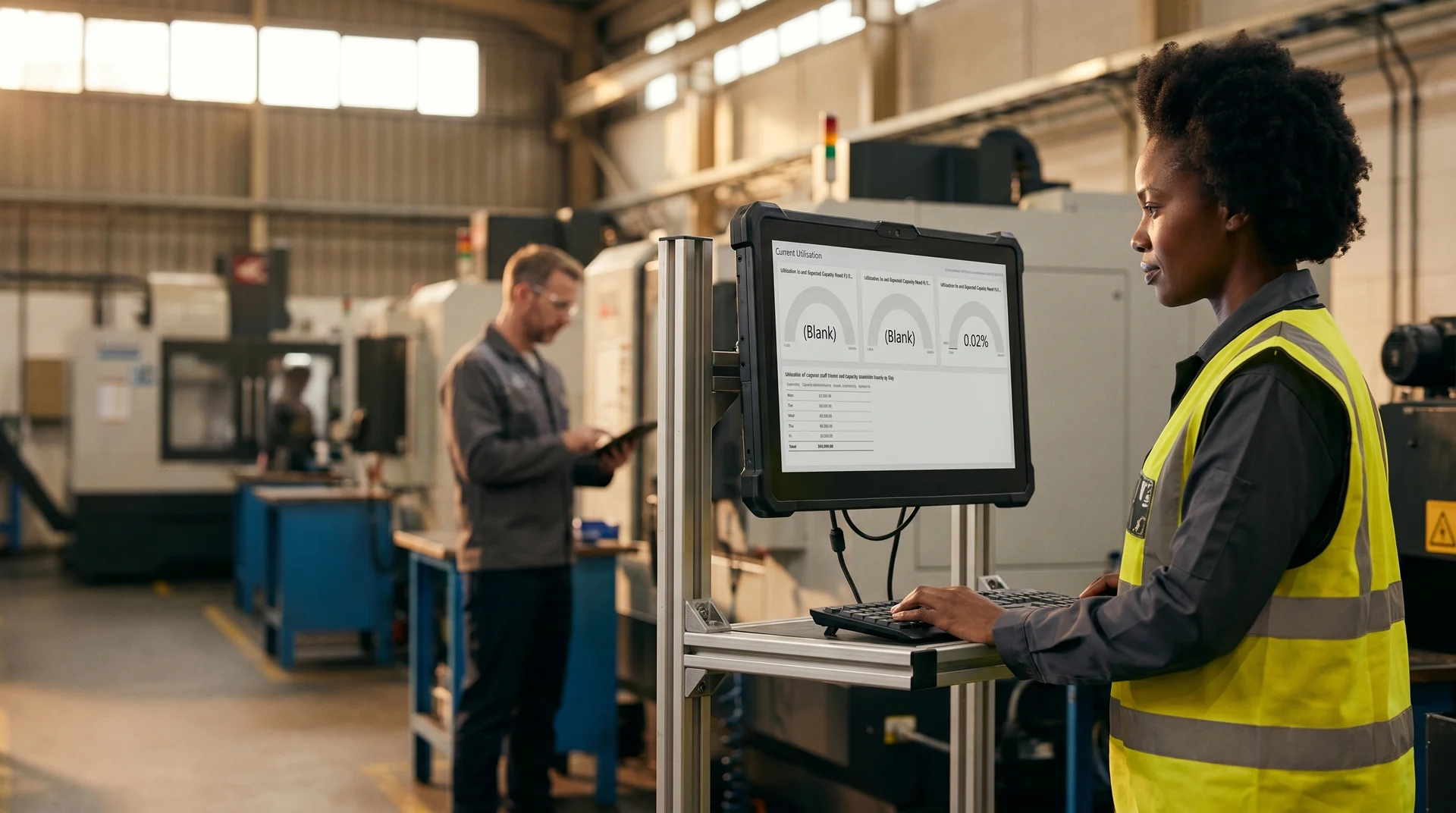 Manufacturing operations lead reviewing a Power BI production dashboard on the shop floor Manufacturing operations lead reviewing a Power BI production dashboard on the shop floor