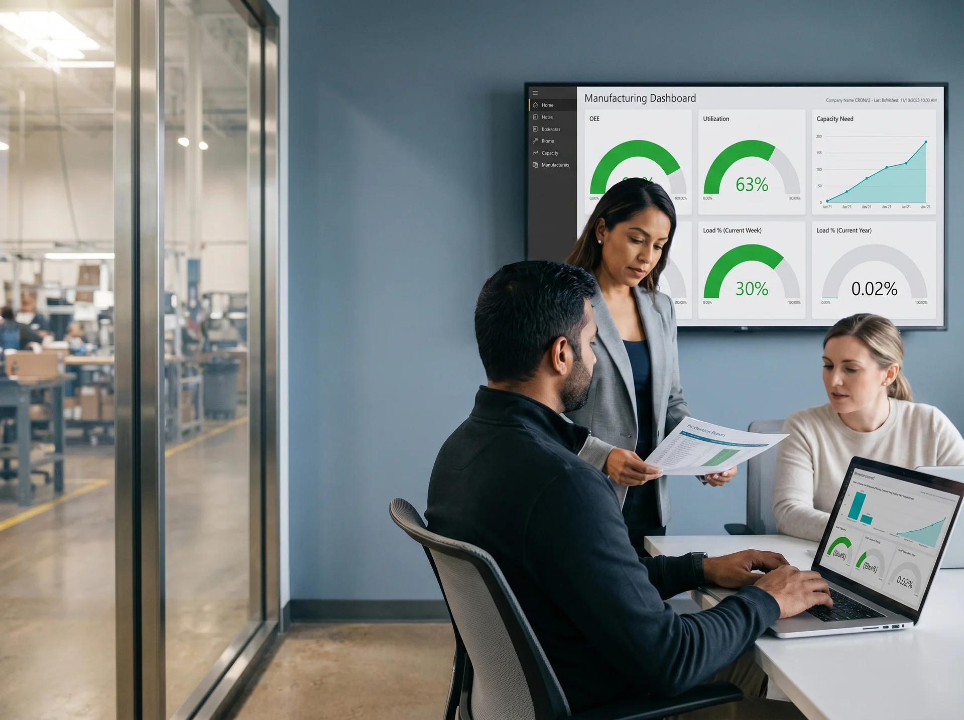 Manufacturing team reviewing power bi manufacturing dashboards together in a plant meeting room Manufacturing team reviewing power bi manufacturing dashboards together in a plant meeting room