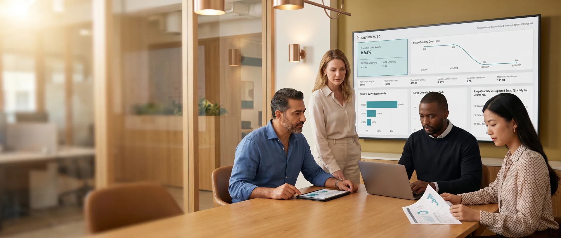 Manufacturing leadership and a business intelligence team reviewing a Power BI analytics plan together Manufacturing leadership and a business intelligence team reviewing a Power BI analytics plan together