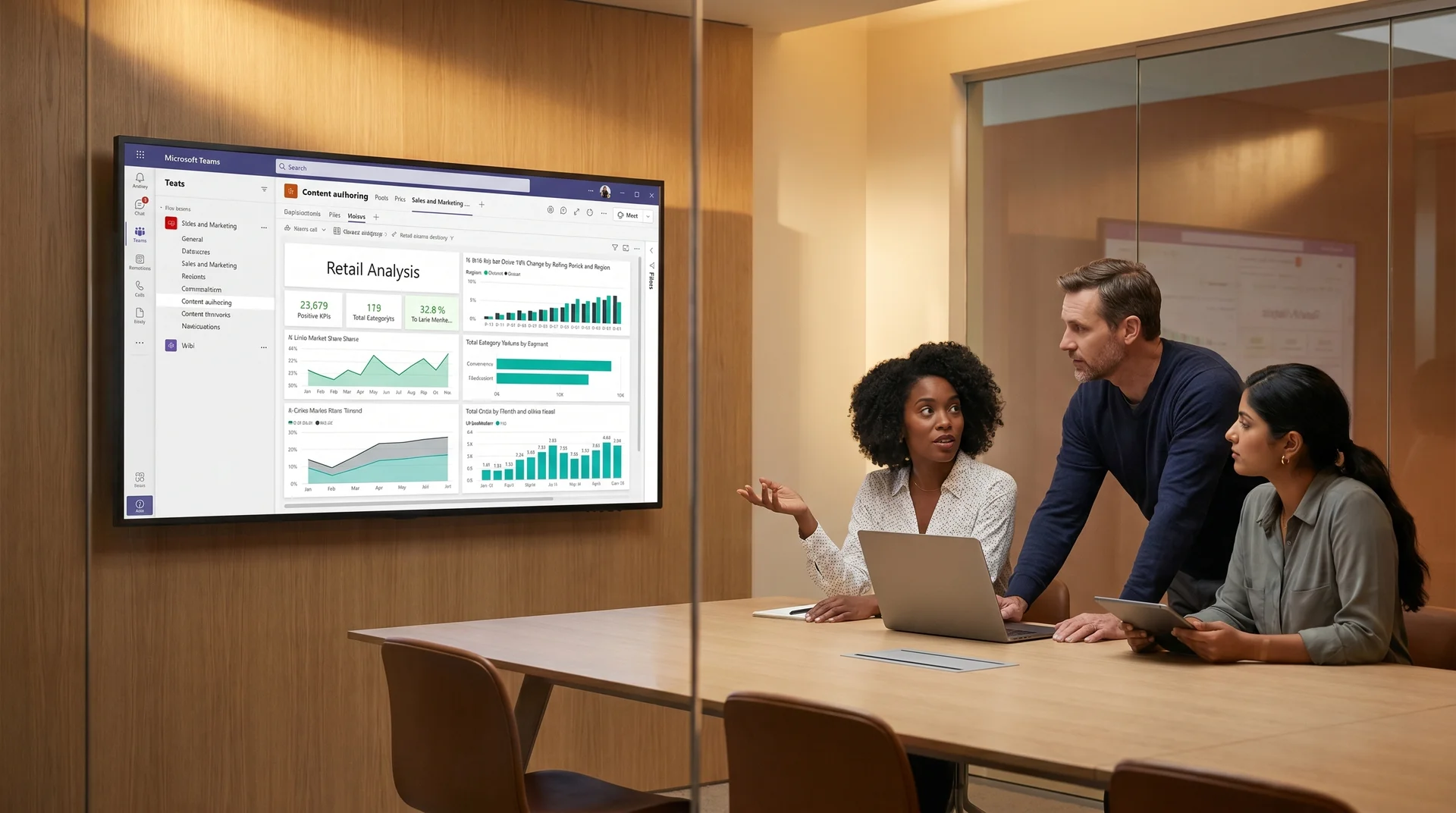 Team in glass-walled meeting room reviewing a Power BI dashboard surfaced inside Microsoft Teams on a large wall screen Team in glass-walled meeting room reviewing a Power BI dashboard surfaced inside Microsoft Teams on a large wall screen