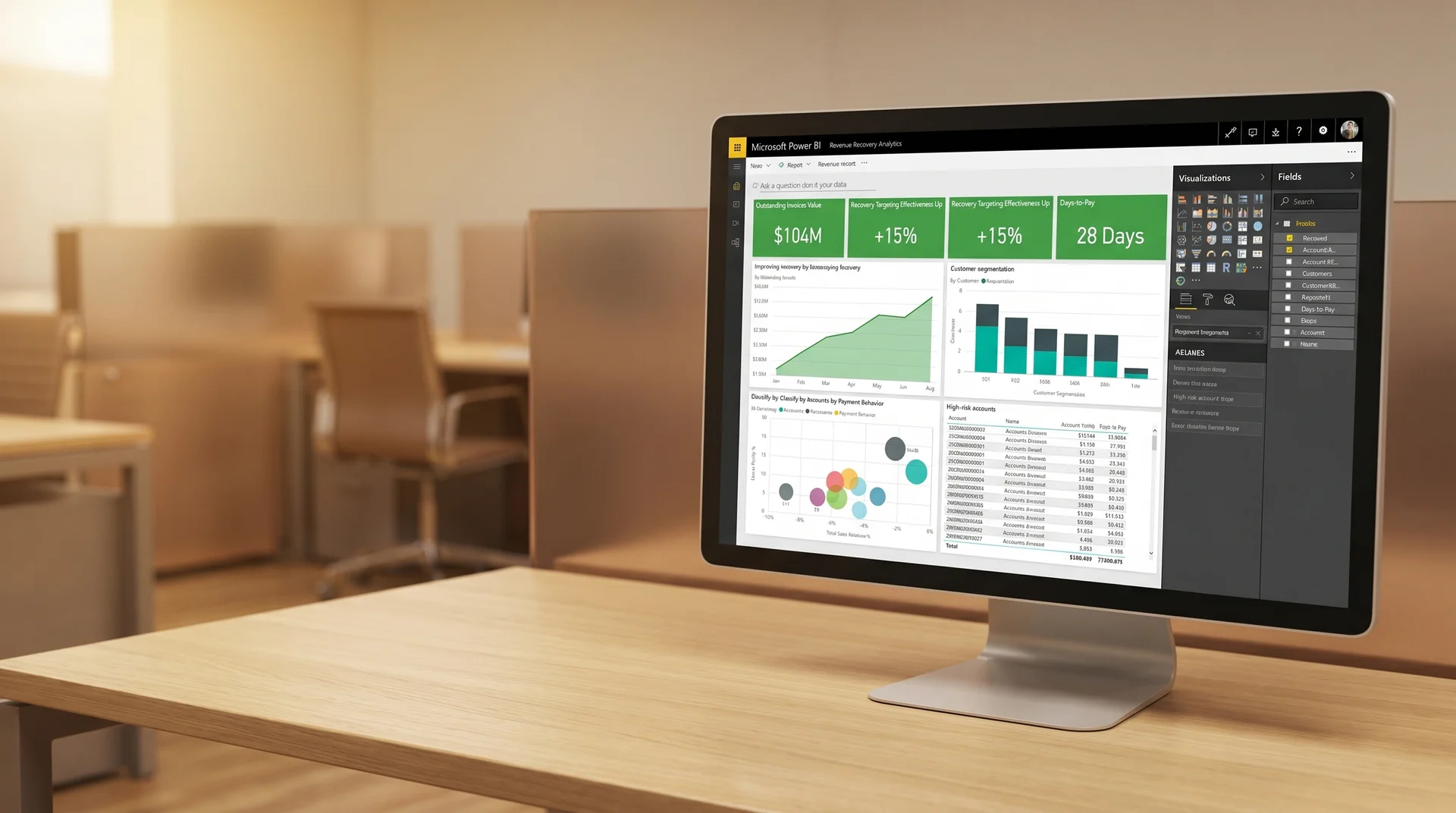 Power BI revenue recovery analytics dashboard showing customer segmentation, outstanding invoices, and recovery targeting effectiveness on a monitor Power BI revenue recovery analytics dashboard showing customer segmentation, outstanding invoices, and recovery targeting effectiveness on a monitor
