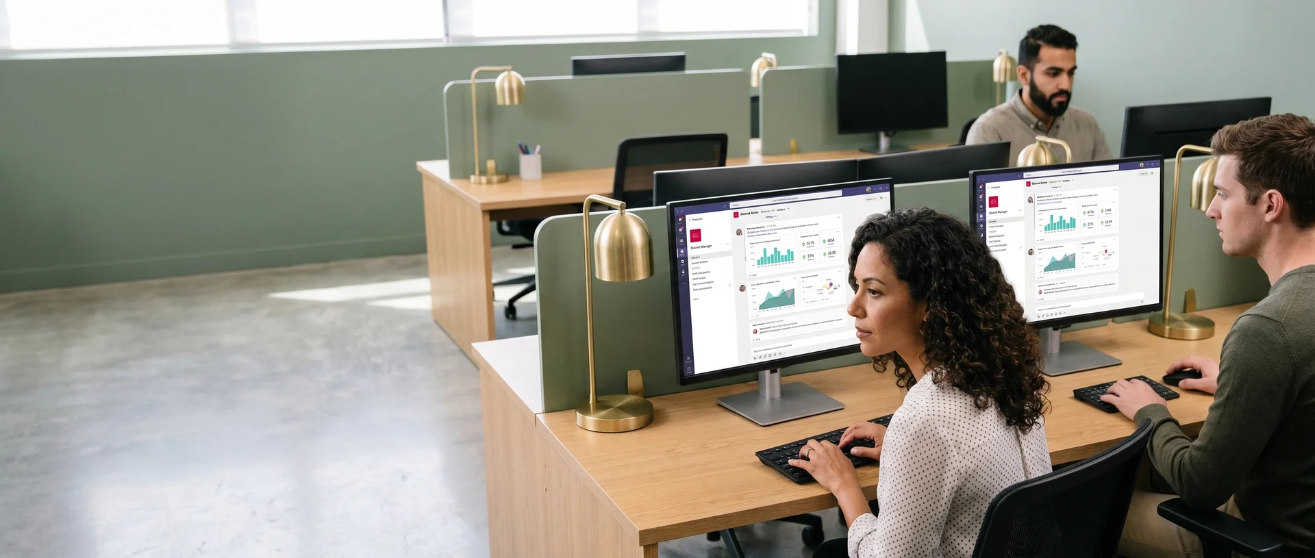 Operations team at open-plan office desks reviewing Microsoft Teams messages with embedded Power BI chart notifications on their monitors Operations team at open-plan office desks reviewing Microsoft Teams messages with embedded Power BI chart notifications on their monitors