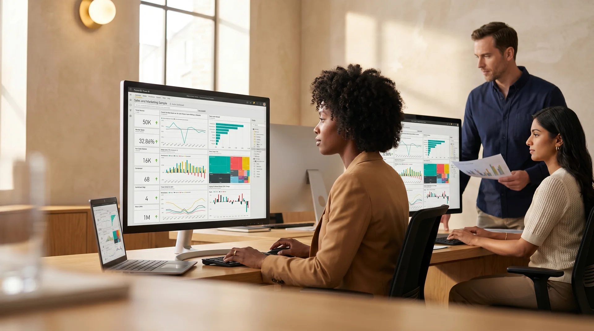 Analytics team reviewing Power BI enterprise dashboards on large monitors in a modern office Analytics team reviewing Power BI enterprise dashboards on large monitors in a modern office