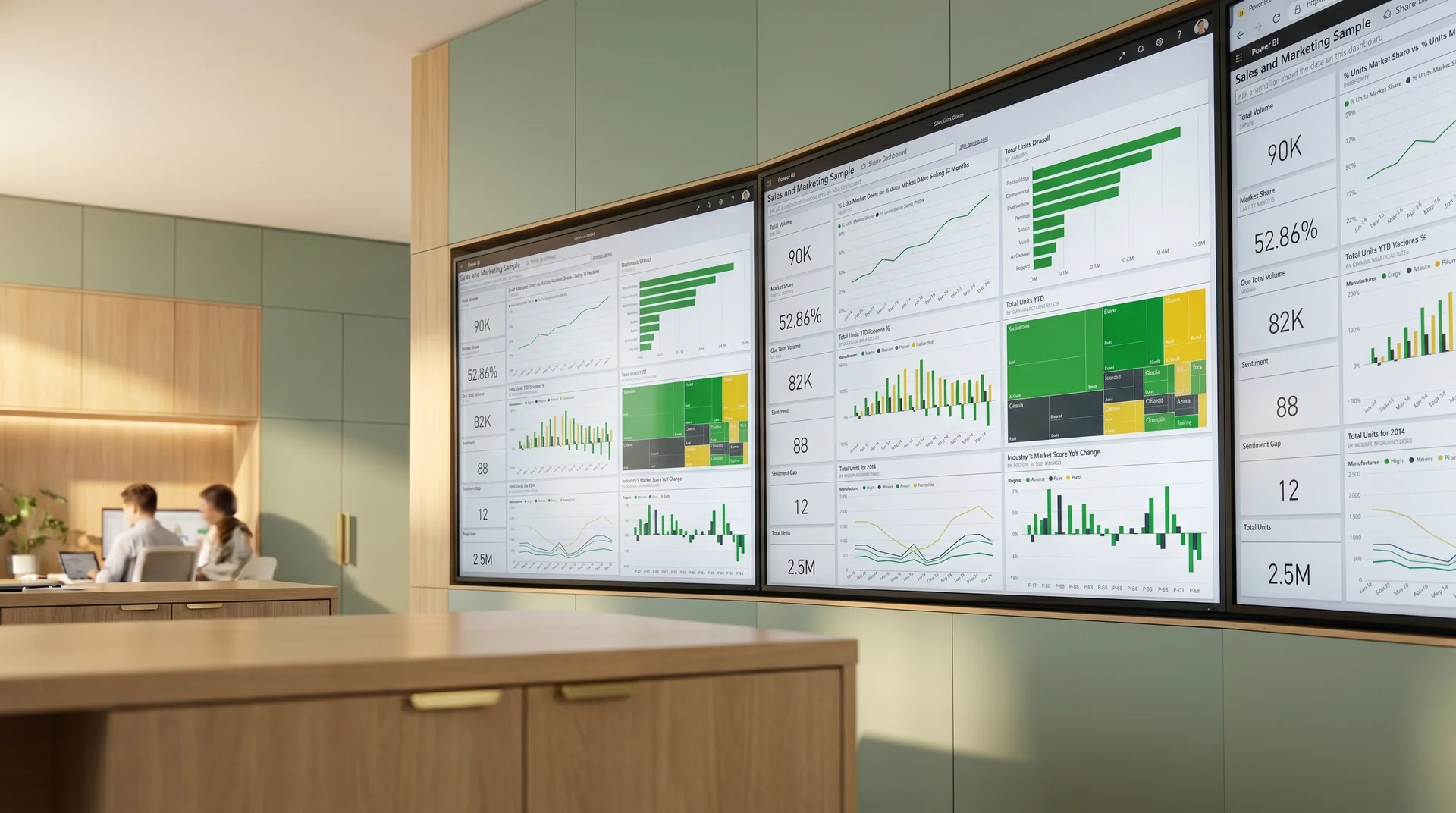 Power BI dashboard on multiple enterprise monitors showing real-time operations data Power BI dashboard on multiple enterprise monitors showing real-time operations data