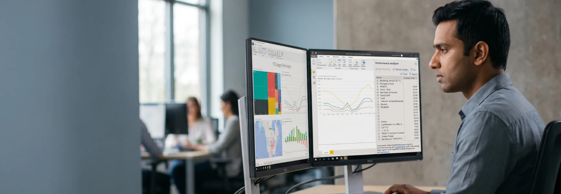 Power BI analyst reviewing DAX optimization audit results on an enterprise analytics dashboard Power BI analyst reviewing DAX optimization audit results on an enterprise analytics dashboard