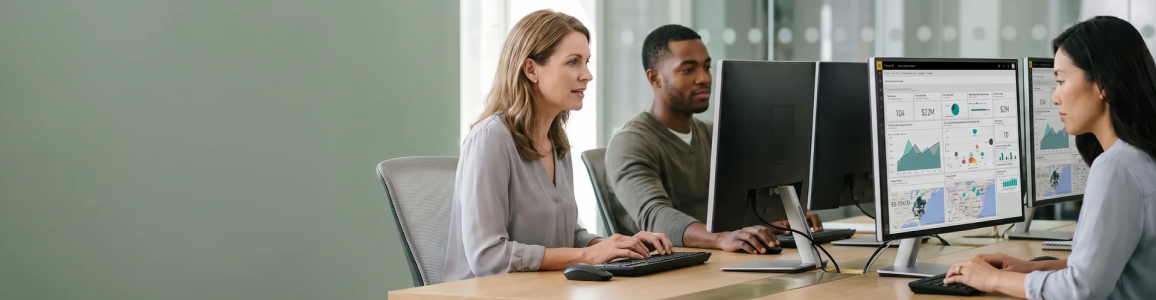 Finance team reviewing fast, instantly-loading optimized Power BI reports across multiple screens in an open office after DAX optimization Finance team reviewing fast, instantly-loading optimized Power BI reports across multiple screens in an open office after DAX optimization