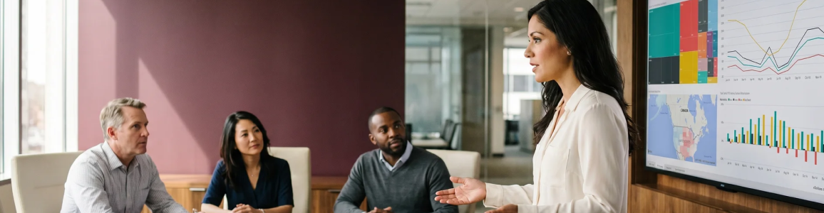 Analytics team presenting optimized Power BI reports to executive leadership in a boardroom Analytics team presenting optimized Power BI reports to executive leadership in a boardroom