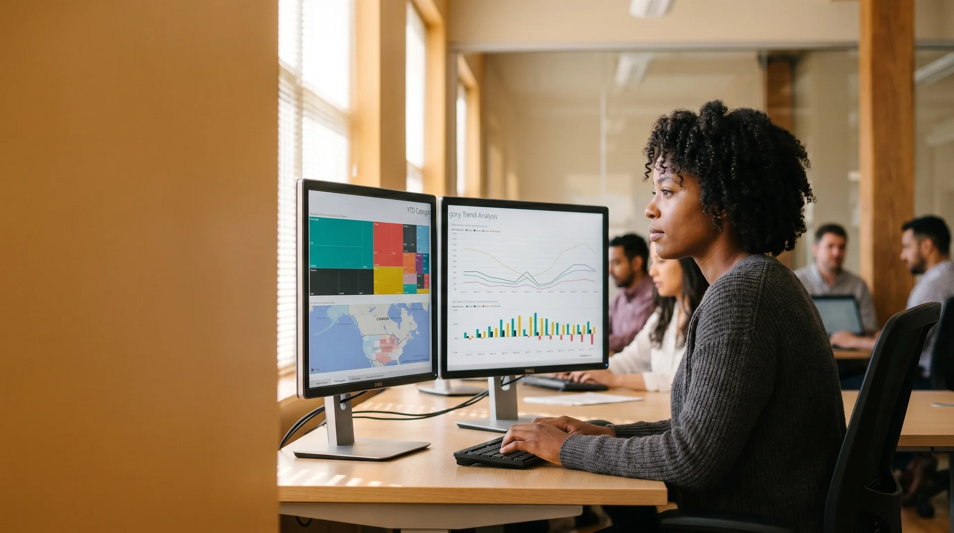 BI analyst reviewing live Power BI dashboards at dual-monitor workstation in natural window light BI analyst reviewing live Power BI dashboards at dual-monitor workstation in natural window light