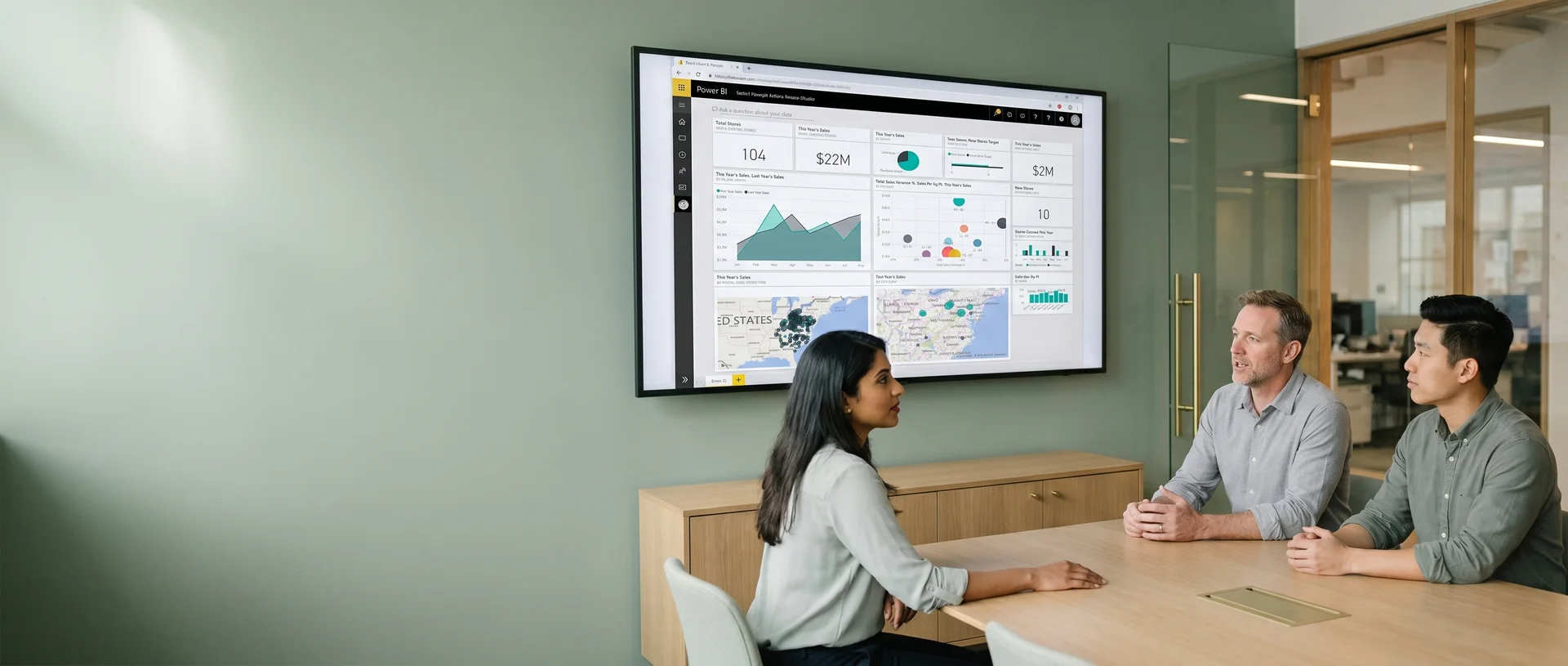 Operations team reviewing a single unified live Power BI dashboard on a meeting-room display after modernization, one source of truth replacing manual reporting Operations team reviewing a single unified live Power BI dashboard on a meeting-room display after modernization, one source of truth replacing manual reporting