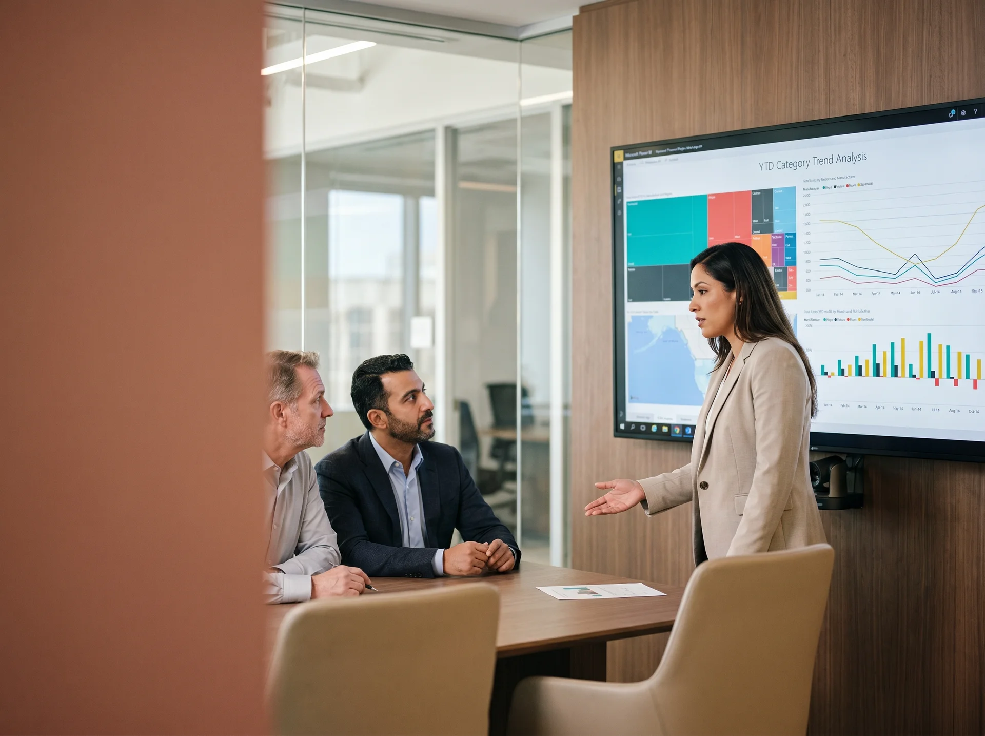 BI consultant presenting a modernized Power BI dashboard to client stakeholders in a boardroom with natural light BI consultant presenting a modernized Power BI dashboard to client stakeholders in a boardroom with natural light