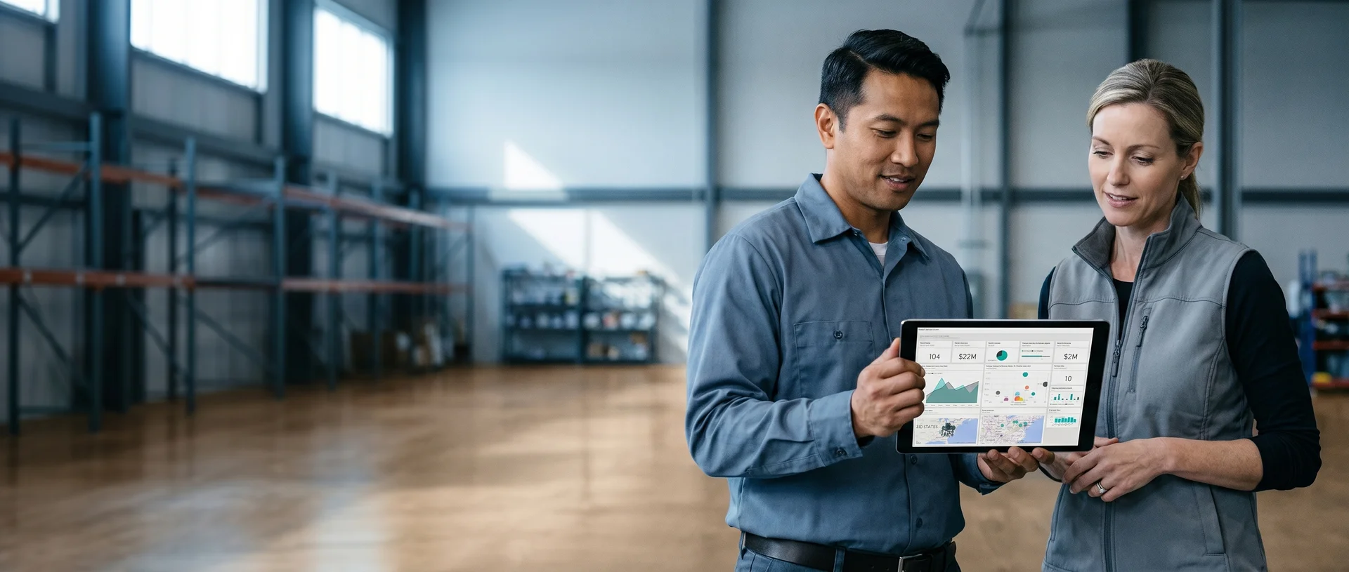 Operations team on warehouse floor using Power BI-connected tablets showing live inventory and order data after modernization Operations team on warehouse floor using Power BI-connected tablets showing live inventory and order data after modernization
