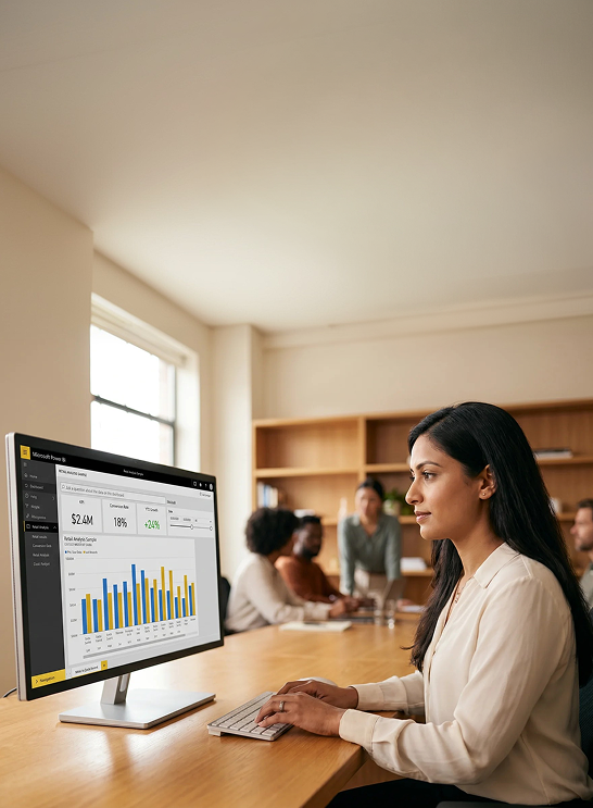 South Asian analyst reviewing Power BI pricing dashboard in office South Asian analyst reviewing Power BI pricing dashboard in office