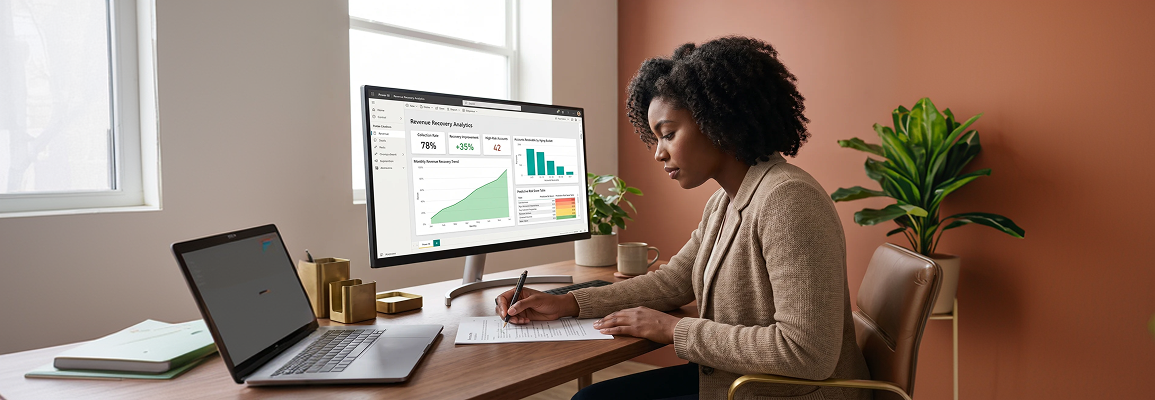 Black data analyst reviewing Power BI revenue recovery analytics dashboard Black data analyst reviewing Power BI revenue recovery analytics dashboard