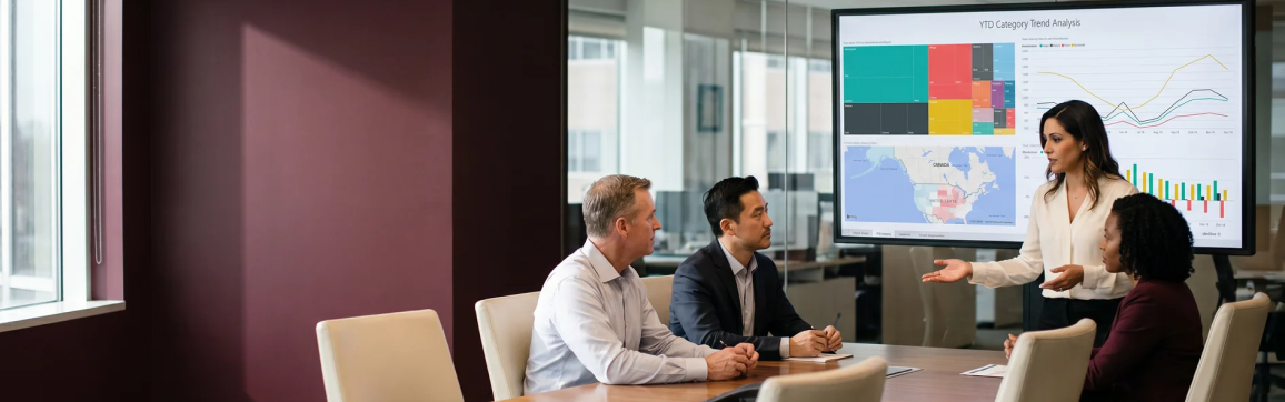 Analytics lead presenting Power BI cost optimization dashboard results to executive team in a modern conference room Analytics lead presenting Power BI cost optimization dashboard results to executive team in a modern conference room