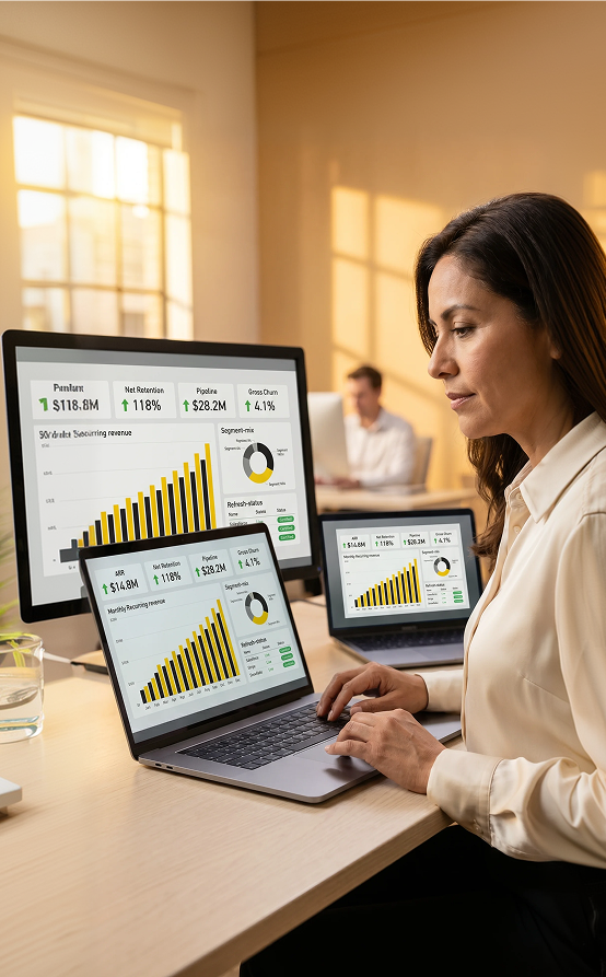 A finance director reviewing a Power BI executive dashboard with revenue, churn, and pipeline key performance indicators visible on the screen. A finance director reviewing a Power BI executive dashboard with revenue, churn, and pipeline key performance indicators visible on the screen.