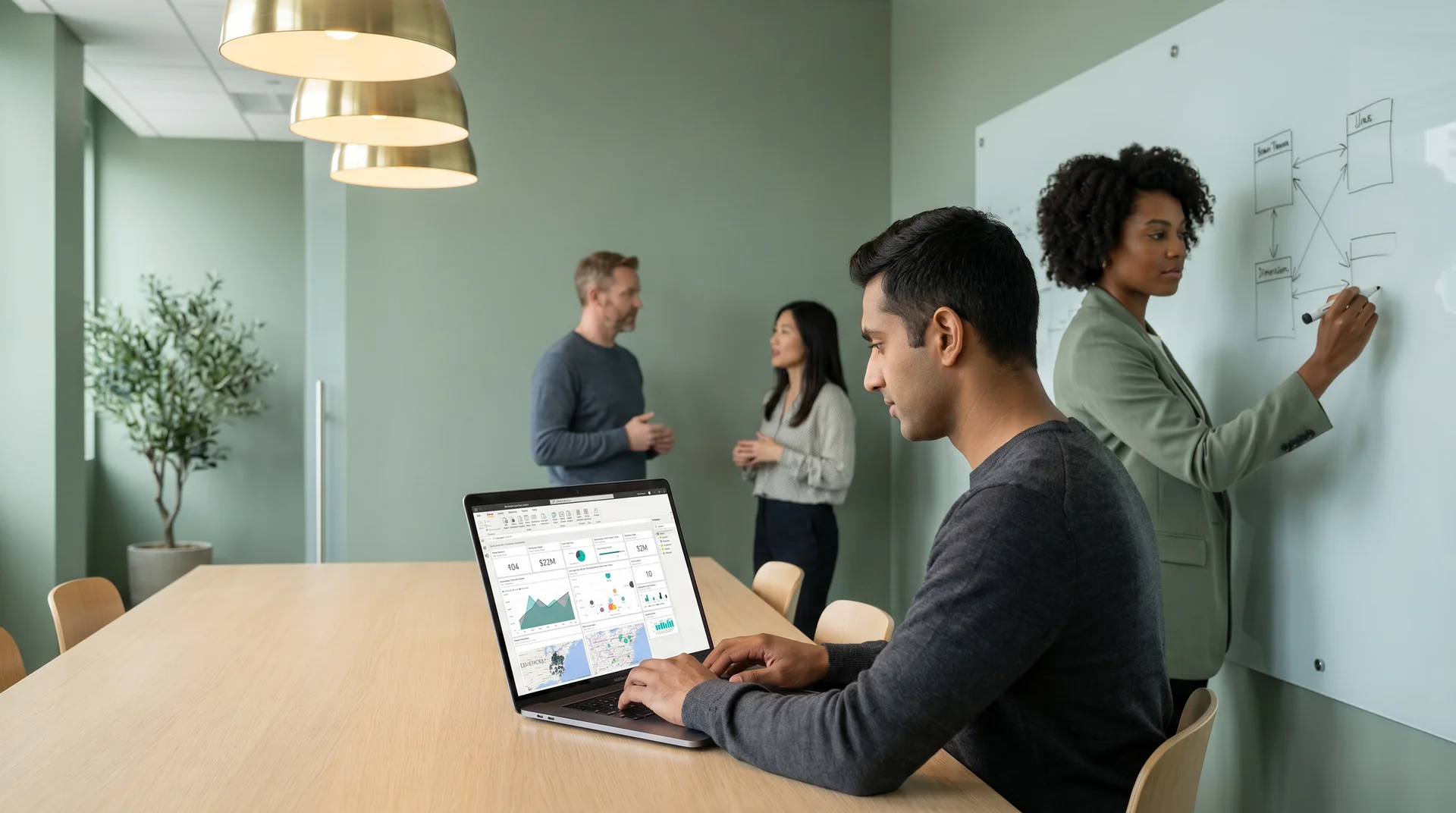An implementation team mapping a Power BI semantic model on a whiteboard, with laptops showing DAX measure code in the foreground. An implementation team mapping a Power BI semantic model on a whiteboard, with laptops showing DAX measure code in the foreground.