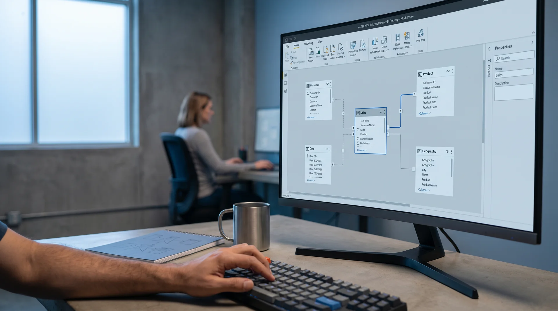 A Power BI semantic model diagram on a monitor showing a star schema with a Sales fact table at the center and Customer, Date, Product, and Geography dimension tables. A Power BI semantic model diagram on a monitor showing a star schema with a Sales fact table at the center and Customer, Date, Product, and Geography dimension tables.