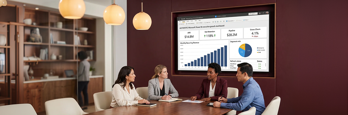 A SaaS leadership team standing in a modern office reviewing an executive Power BI dashboard projected on a large wall screen showing annual recurring revenue, churn, and pipeline. A SaaS leadership team standing in a modern office reviewing an executive Power BI dashboard projected on a large wall screen showing annual recurring revenue, churn, and pipeline.