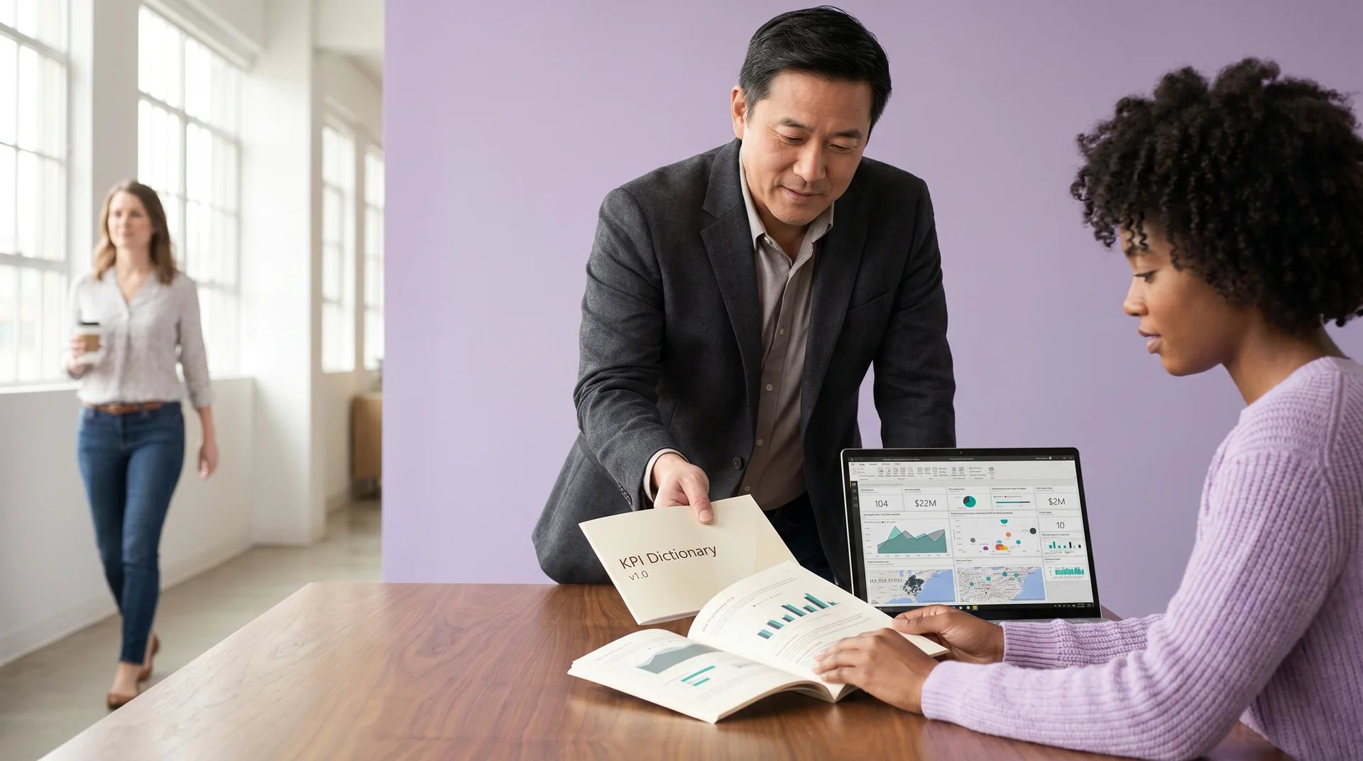 A senior Power BI consultant handing a printed key performance indicator dictionary and runbook to a client analyst at a conference table, with a laptop showing an executive dashboard. A senior Power BI consultant handing a printed key performance indicator dictionary and runbook to a client analyst at a conference table, with a laptop showing an executive dashboard.