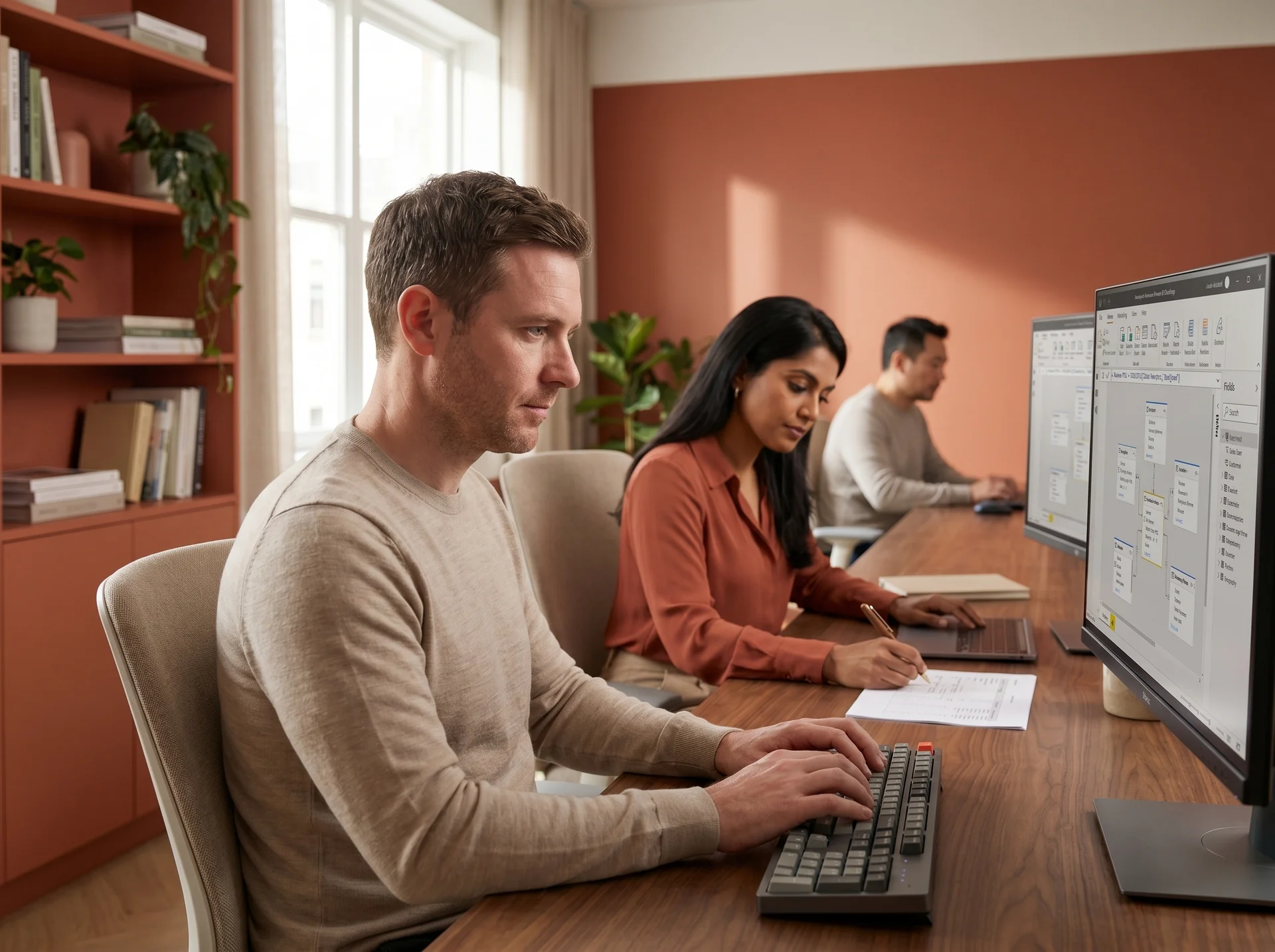 Two senior consultants collaborating on a Power BI semantic model with monitors showing DAX measure code and a star schema diagram. Two senior consultants collaborating on a Power BI semantic model with monitors showing DAX measure code and a star schema diagram.