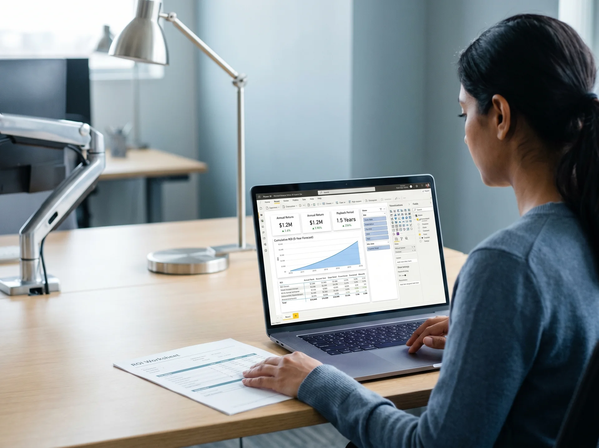 Analyst building a Power BI return on investment business case on a laptop with a spreadsheet visible, over-the-shoulder view Analyst building a Power BI return on investment business case on a laptop with a spreadsheet visible, over-the-shoulder view